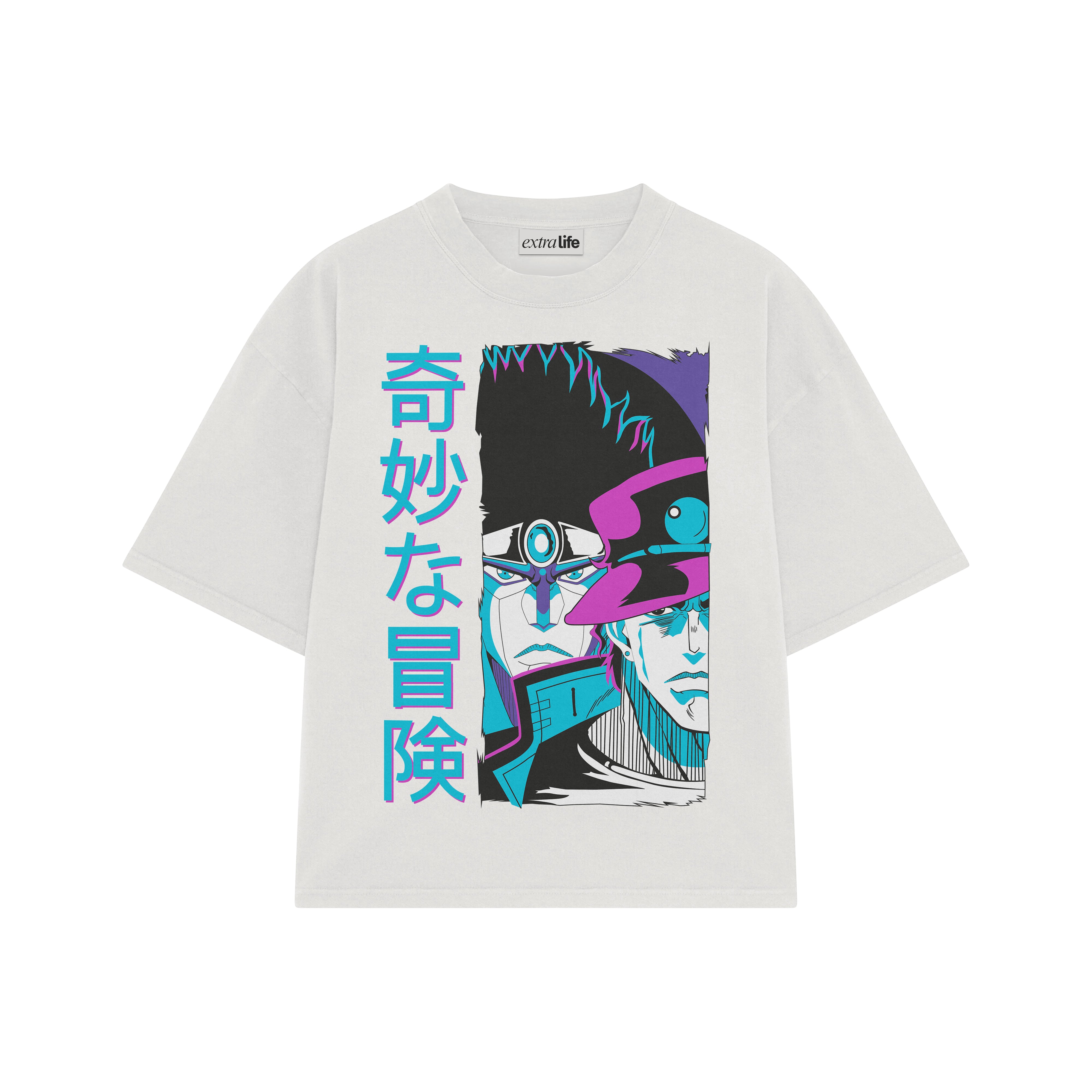 Playera streetwear premium de anime y gaming ExtraLife MX, corte boxy oversized drop shoulder heavyweight en color Deep Black y Off-White, moda urbana mexicana de culto.
