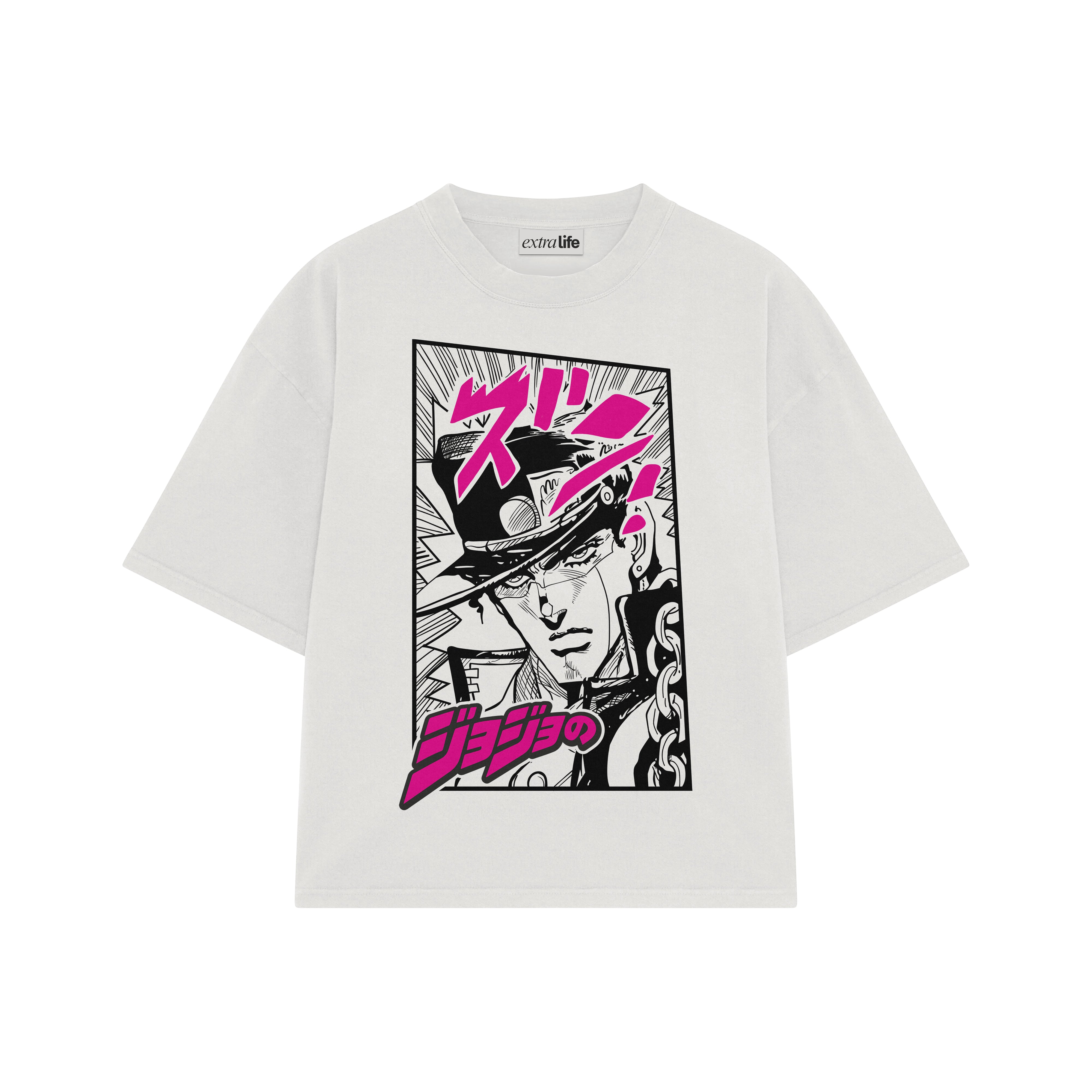 Playera streetwear premium de anime y gaming ExtraLife MX, corte boxy oversized drop shoulder heavyweight en color Deep Black y Off-White, moda urbana mexicana de culto.