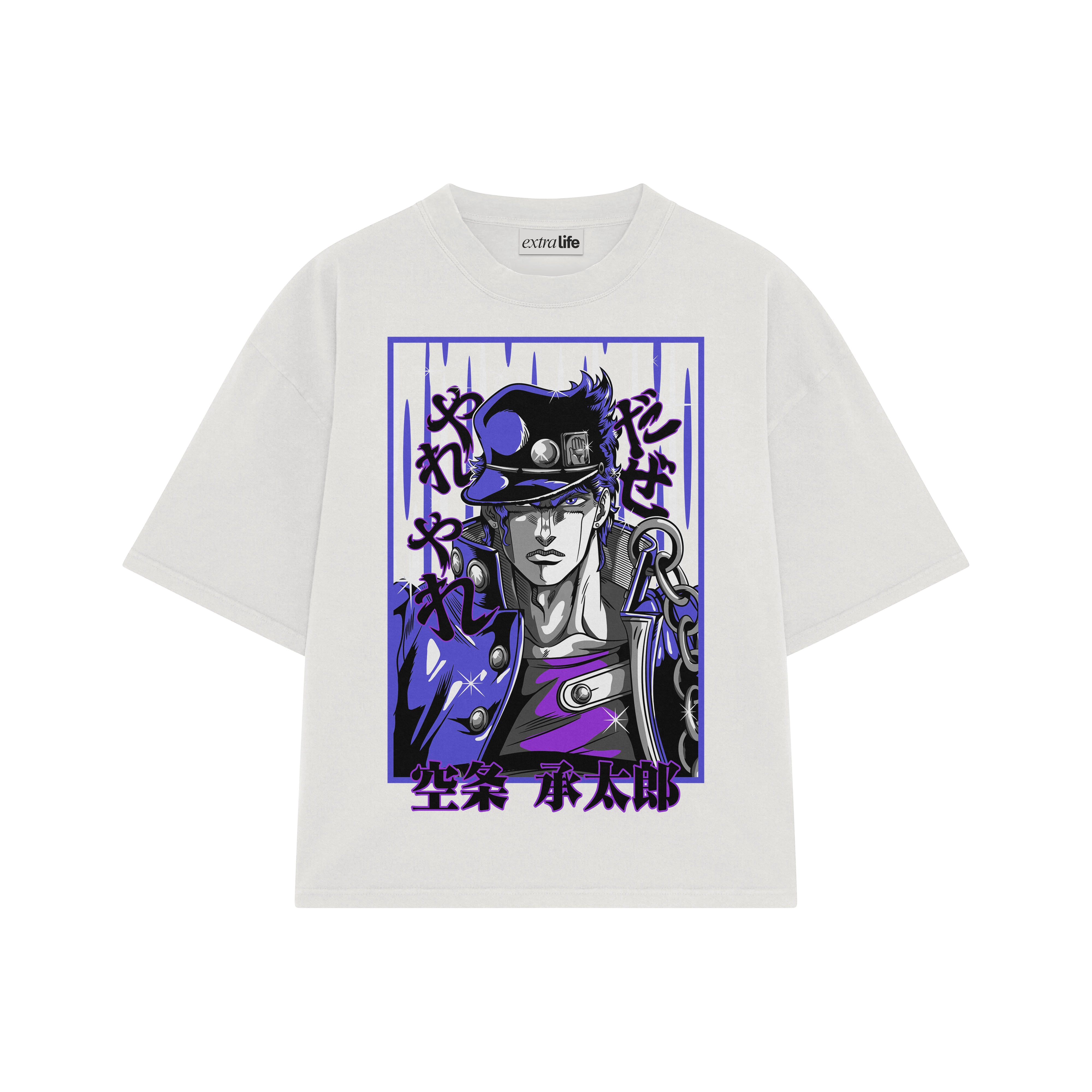 Playera streetwear premium de anime y gaming ExtraLife MX, corte boxy oversized drop shoulder heavyweight en color Deep Black y Off-White, moda urbana mexicana de culto.
