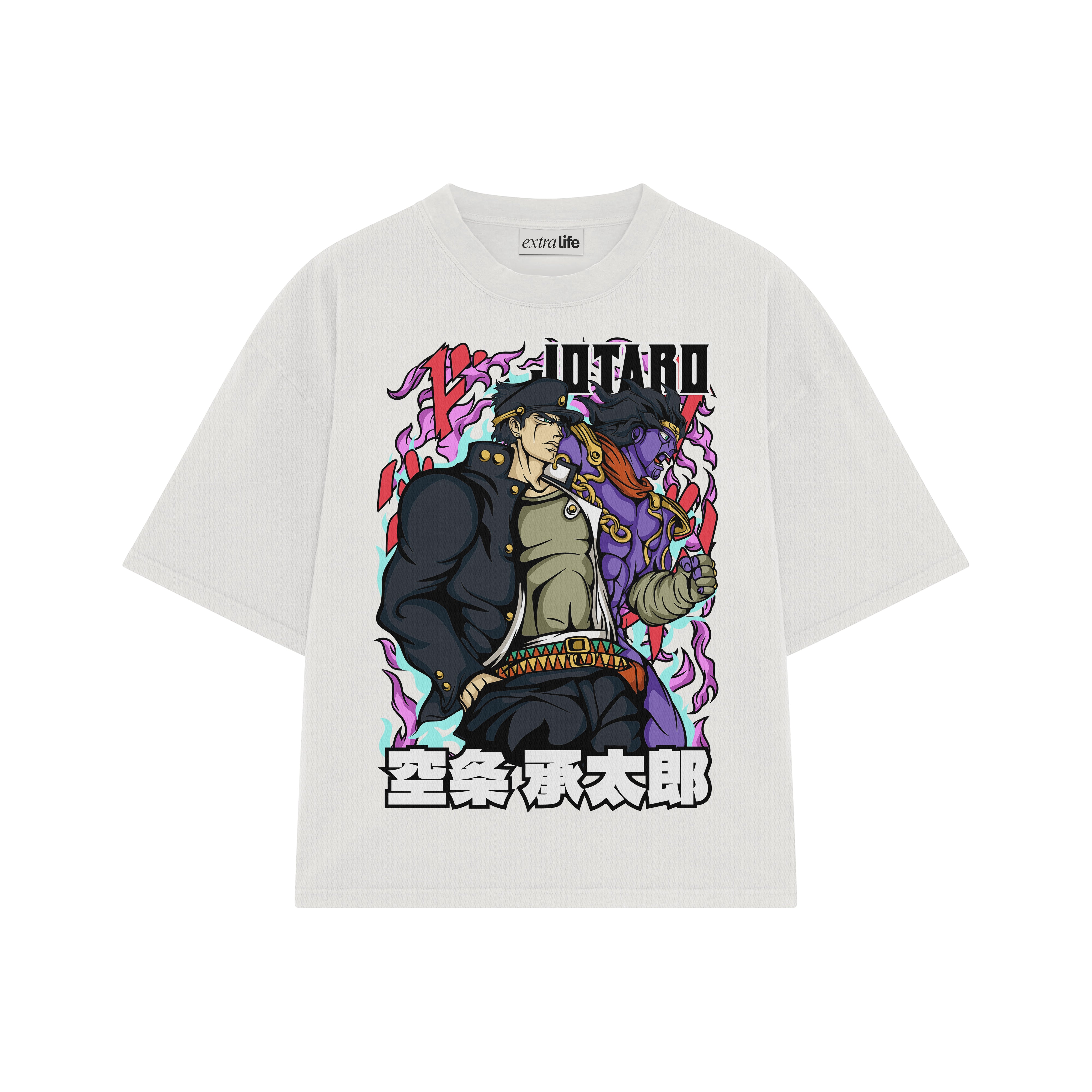 Playera streetwear premium de anime y gaming ExtraLife MX, corte boxy oversized drop shoulder heavyweight en color Deep Black y Off-White, moda urbana mexicana de culto.