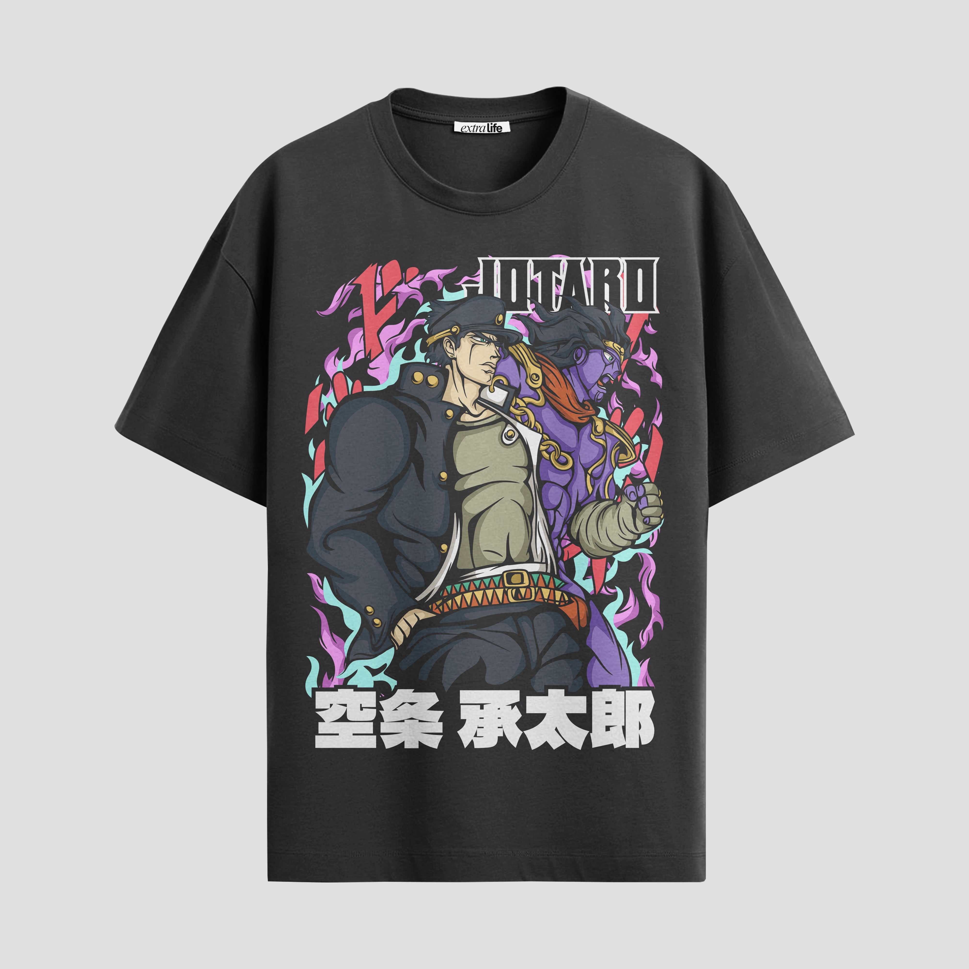 Playera urbana de anime y gaming ExtraLife MX, corte Standard Fit unisex ligero y transpirable en color Deep Black y Pure White, ropa de uso diario para gym y casual.