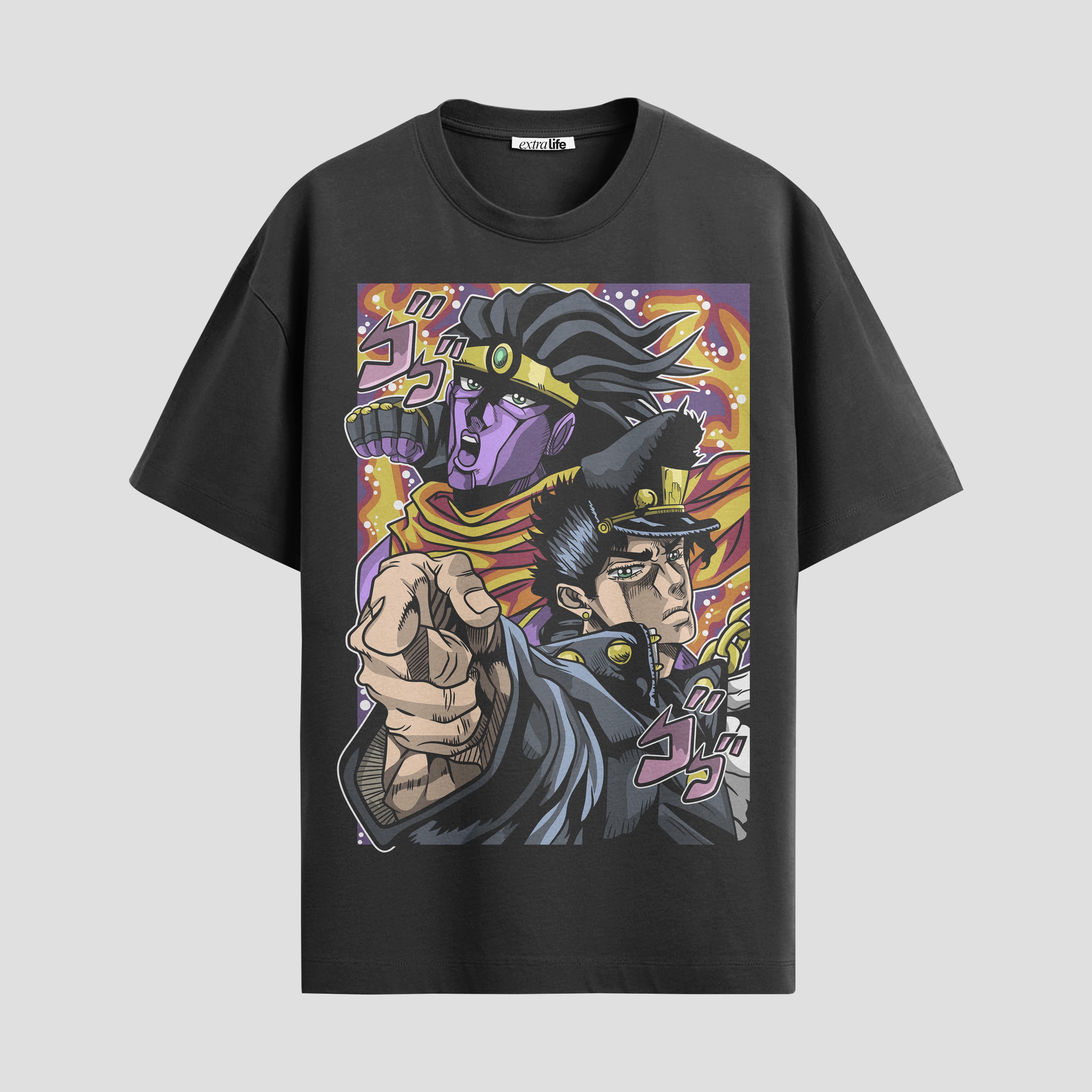 Playera urbana de anime y gaming ExtraLife MX, corte Standard Fit unisex ligero y transpirable en color Deep Black y Pure White, ropa de uso diario para gym y casual.