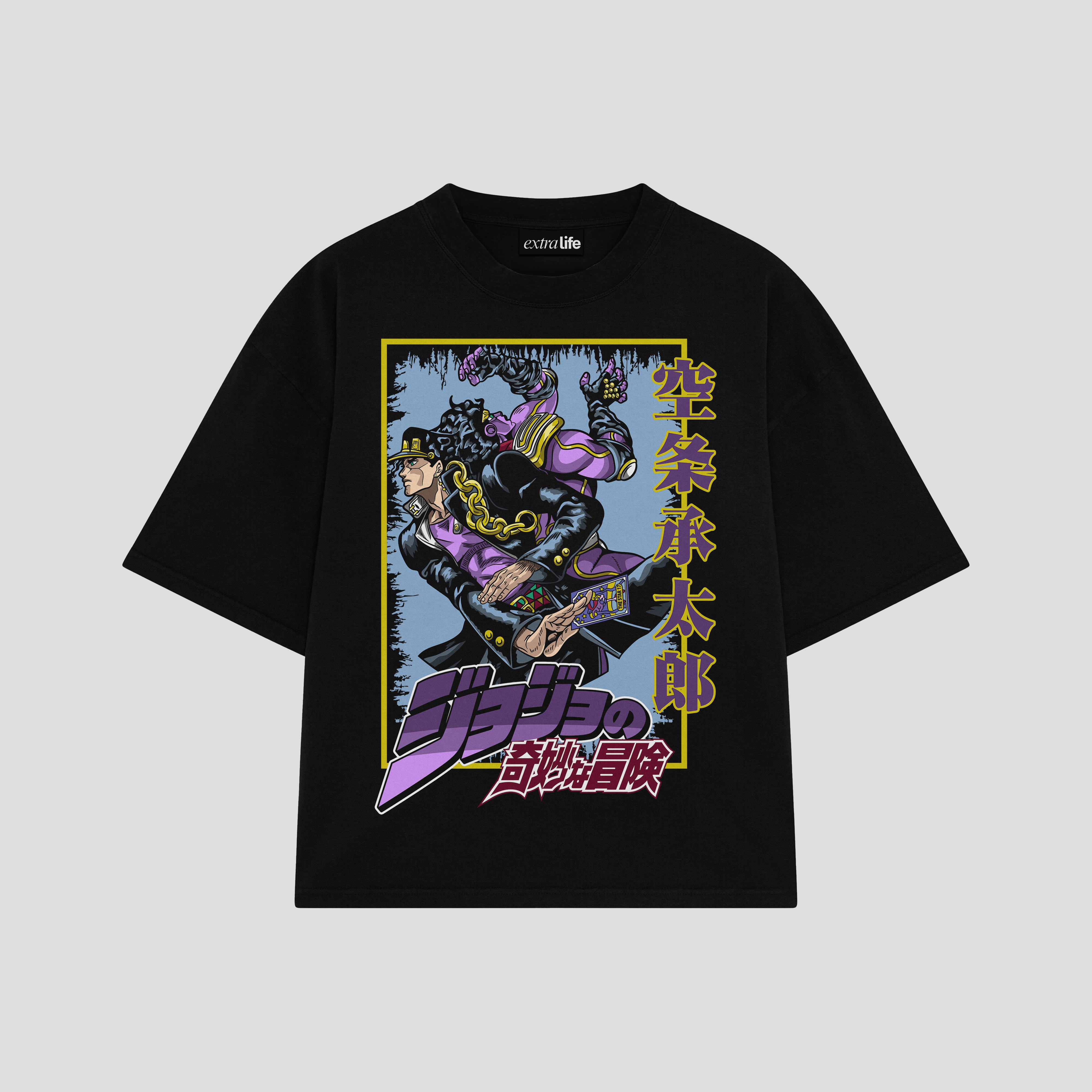 Playera streetwear premium de anime y gaming ExtraLife MX, corte boxy oversized drop shoulder heavyweight en color Deep Black y Off-White, moda urbana mexicana de culto.