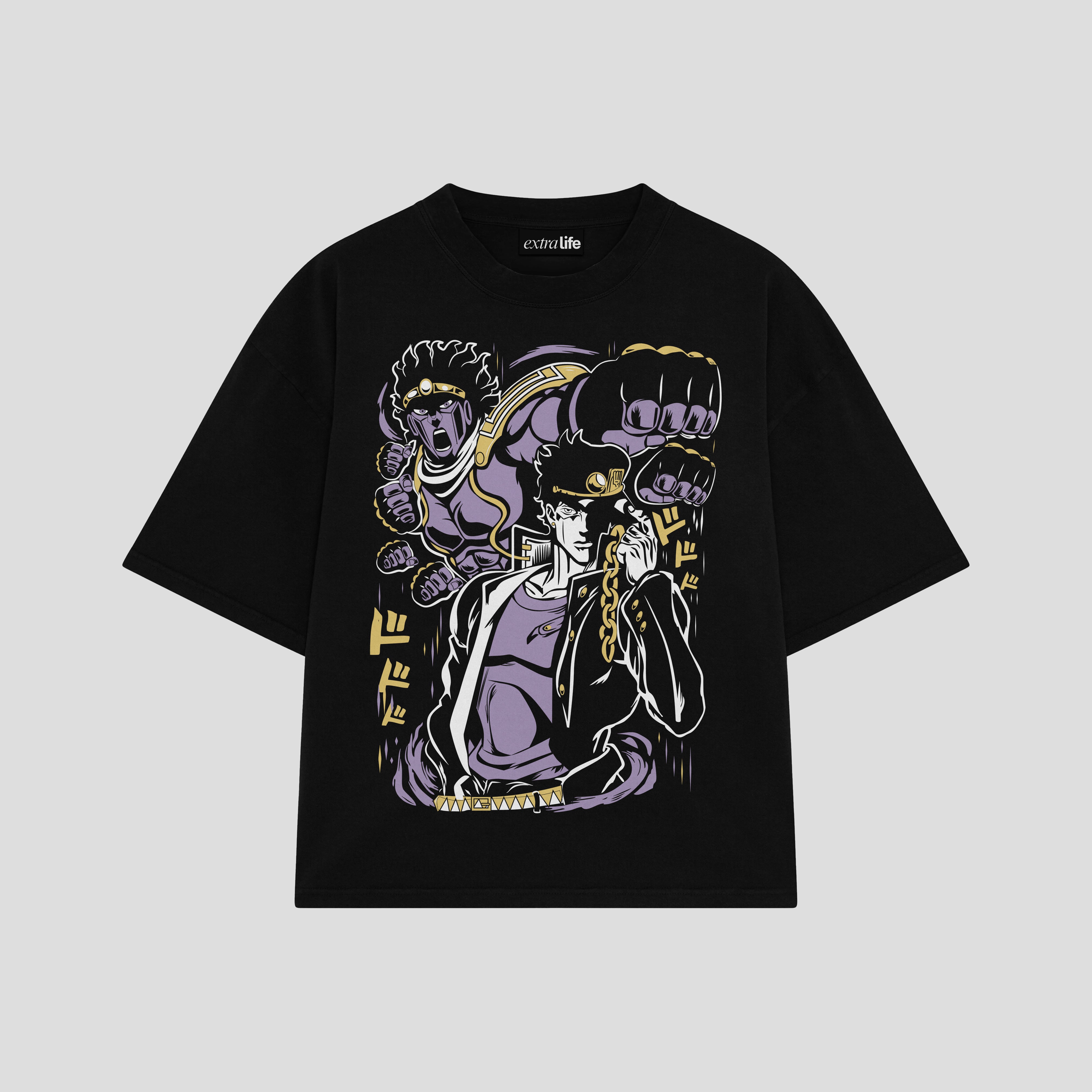 Playera streetwear premium de anime y gaming ExtraLife MX, corte boxy oversized drop shoulder heavyweight en color Deep Black y Off-White, moda urbana mexicana de culto.