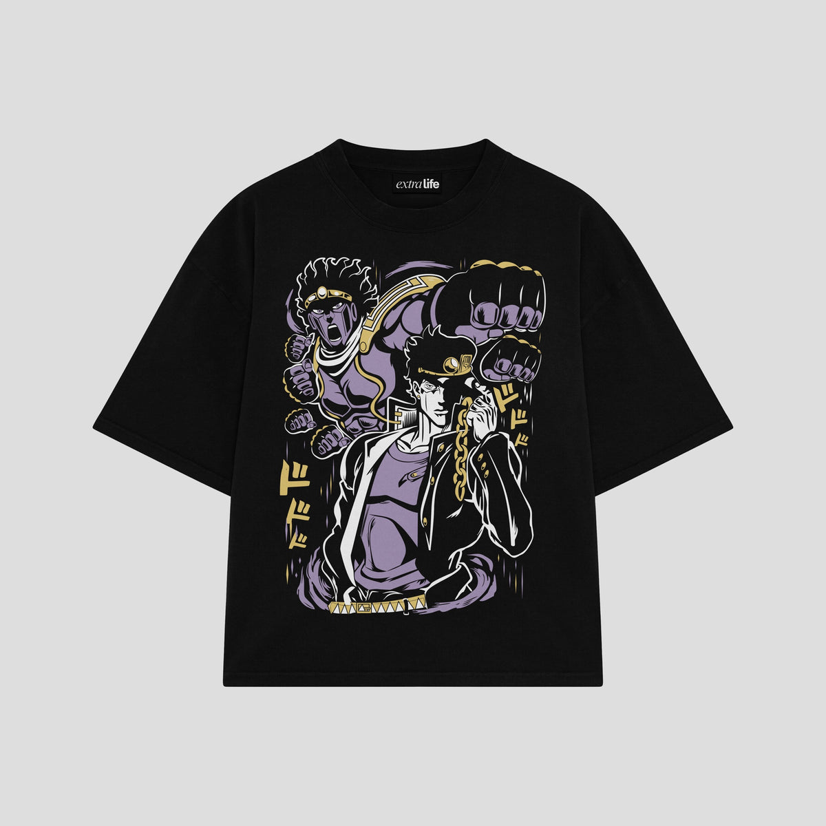 Playera streetwear premium de anime y gaming ExtraLife MX, corte oversized drop shoulder ligero y fresco en color Deep Black y Off-White, moda urbana mexicana de culto.
