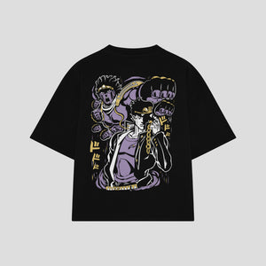 Playera streetwear premium de anime y gaming ExtraLife MX, corte boxy oversized drop shoulder heavyweight en color Deep Black y Off-White, moda urbana mexicana de culto.
