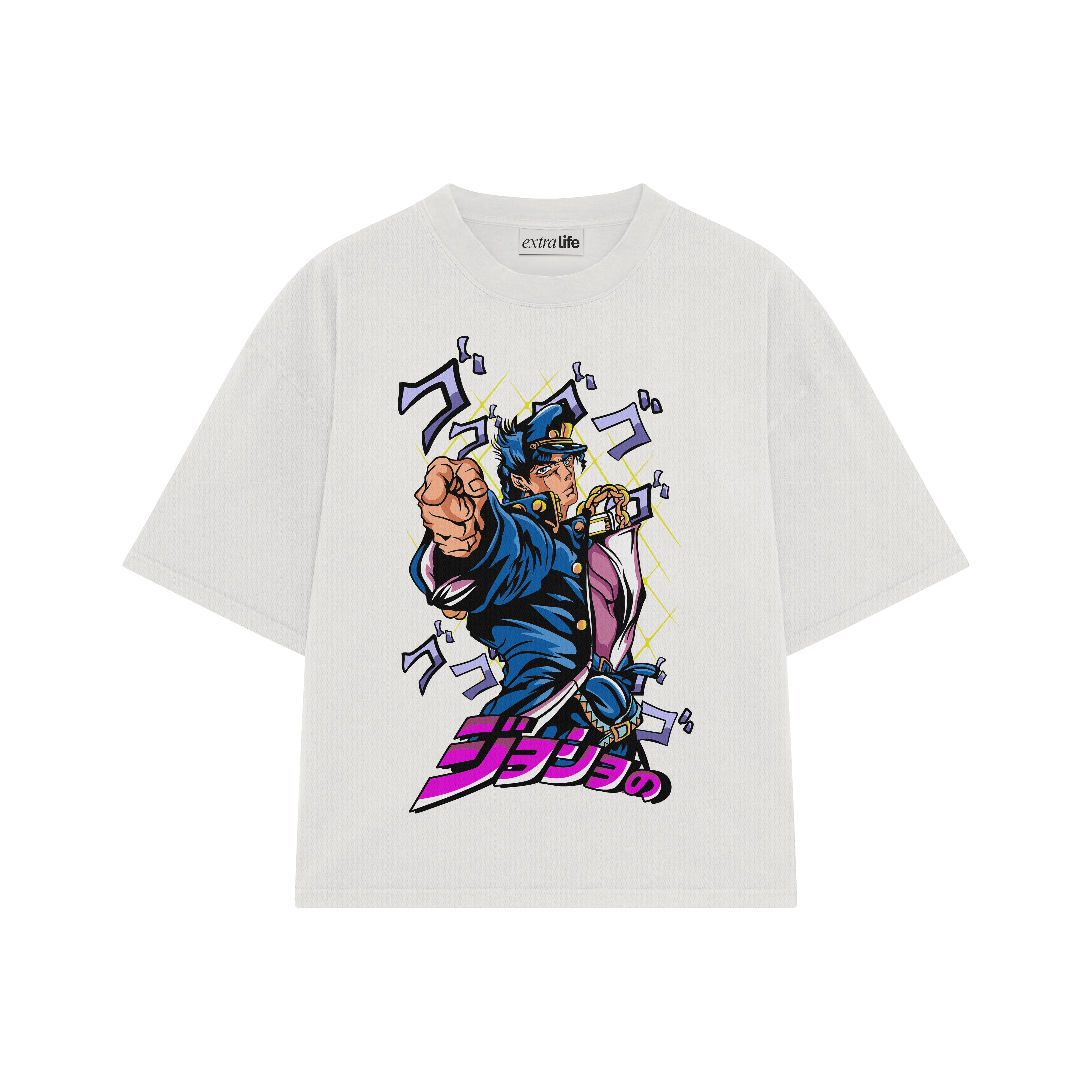 Playera streetwear premium de anime y gaming ExtraLife MX, corte boxy oversized drop shoulder heavyweight en color Deep Black y Off-White, moda urbana mexicana de culto.