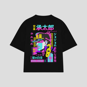 Playera streetwear premium de anime y gaming ExtraLife MX, corte boxy oversized drop shoulder heavyweight en color Deep Black y Off-White, moda urbana mexicana de culto.