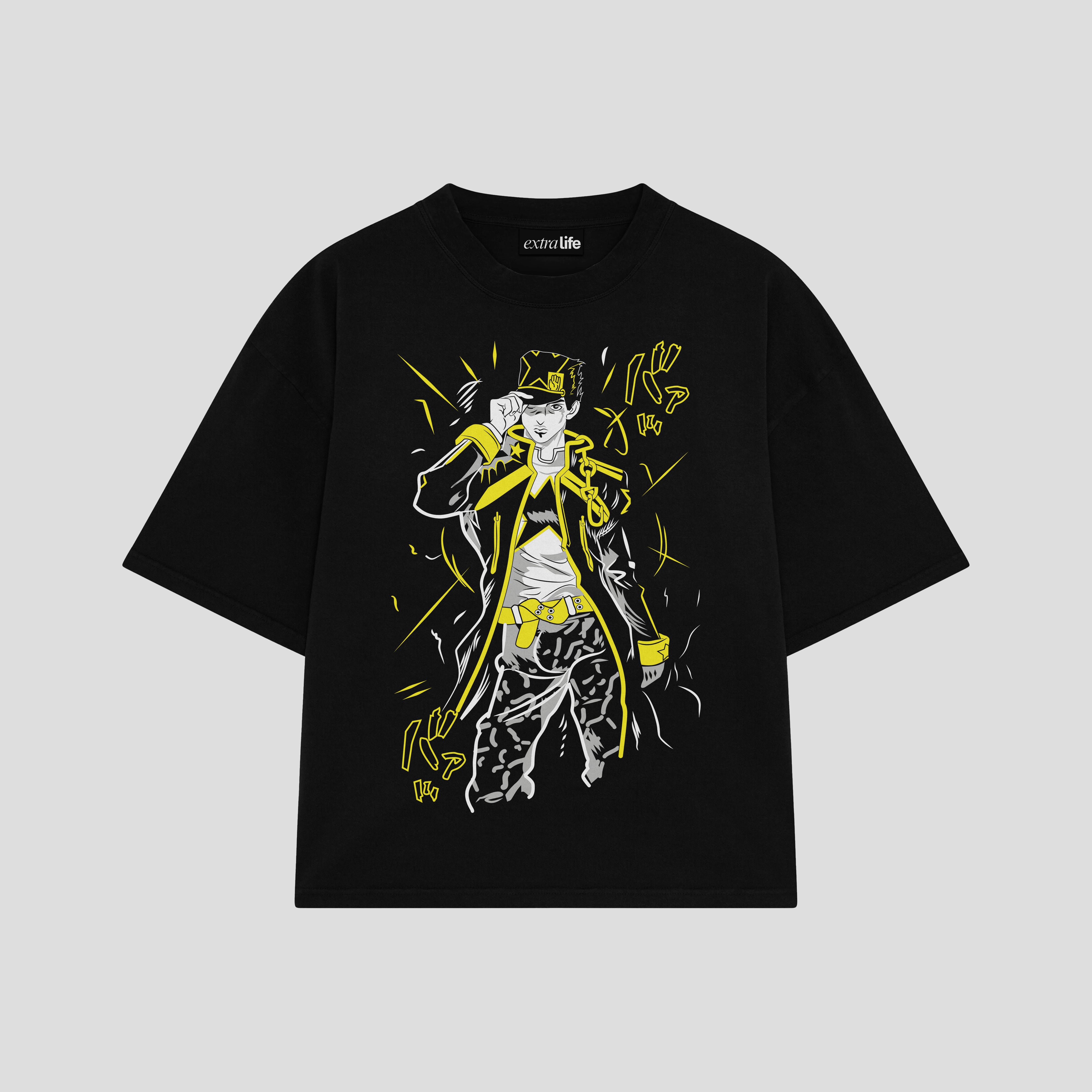 Playera streetwear premium de anime y gaming ExtraLife MX, corte boxy oversized drop shoulder heavyweight en color Deep Black y Off-White, moda urbana mexicana de culto.