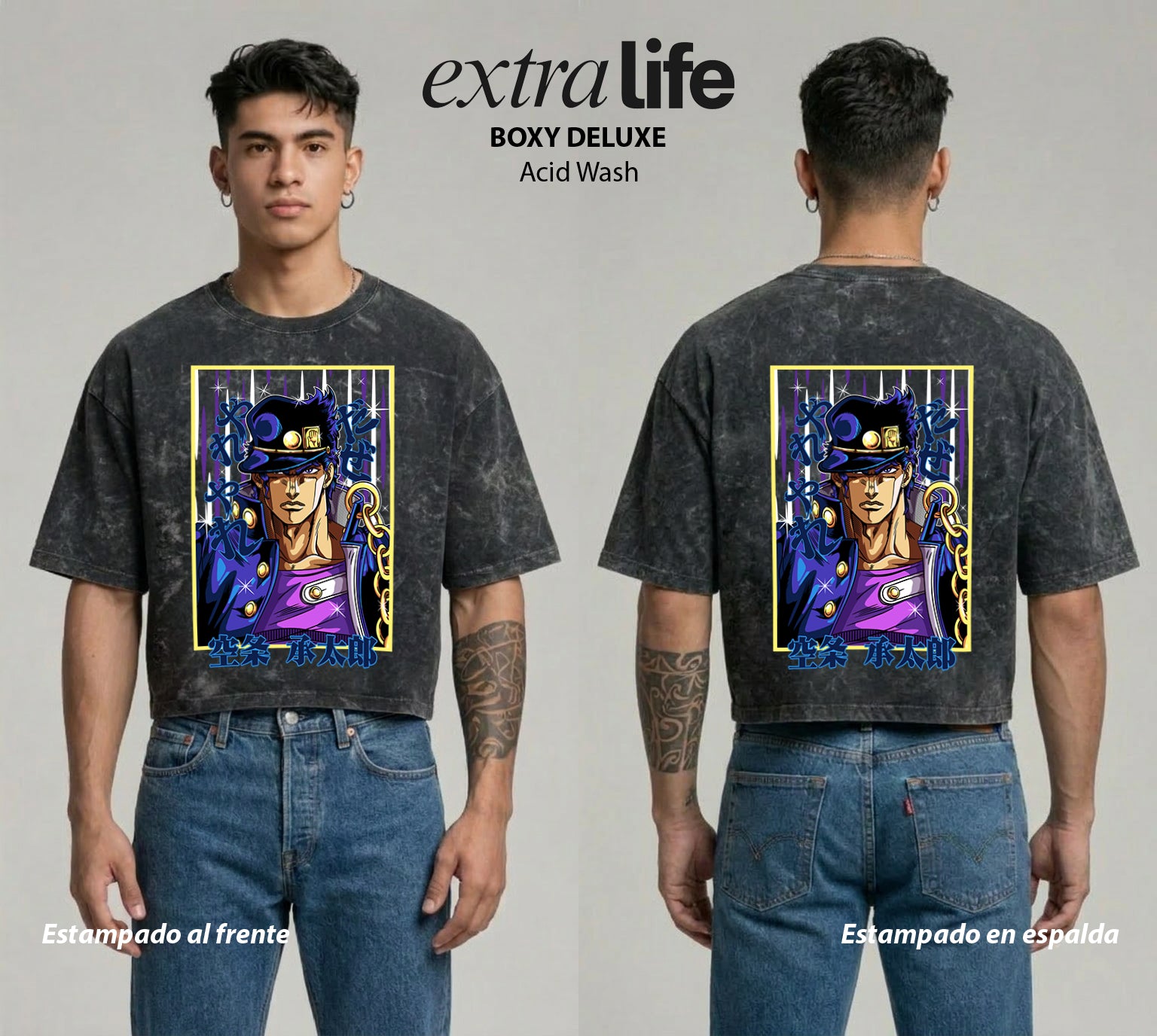 Playera streetwear premium de anime y gaming ExtraLife MX, corte boxy deluxe mineral wash heavyweight en color Acid Wash, moda urbana mexicana de culto.