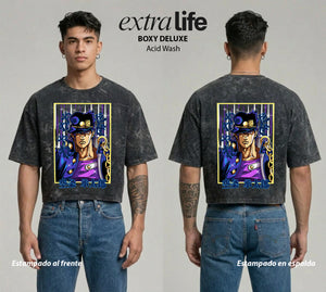 Playera streetwear premium de anime y gaming ExtraLife MX, corte boxy deluxe mineral wash heavyweight en color Acid Wash, moda urbana mexicana de culto.