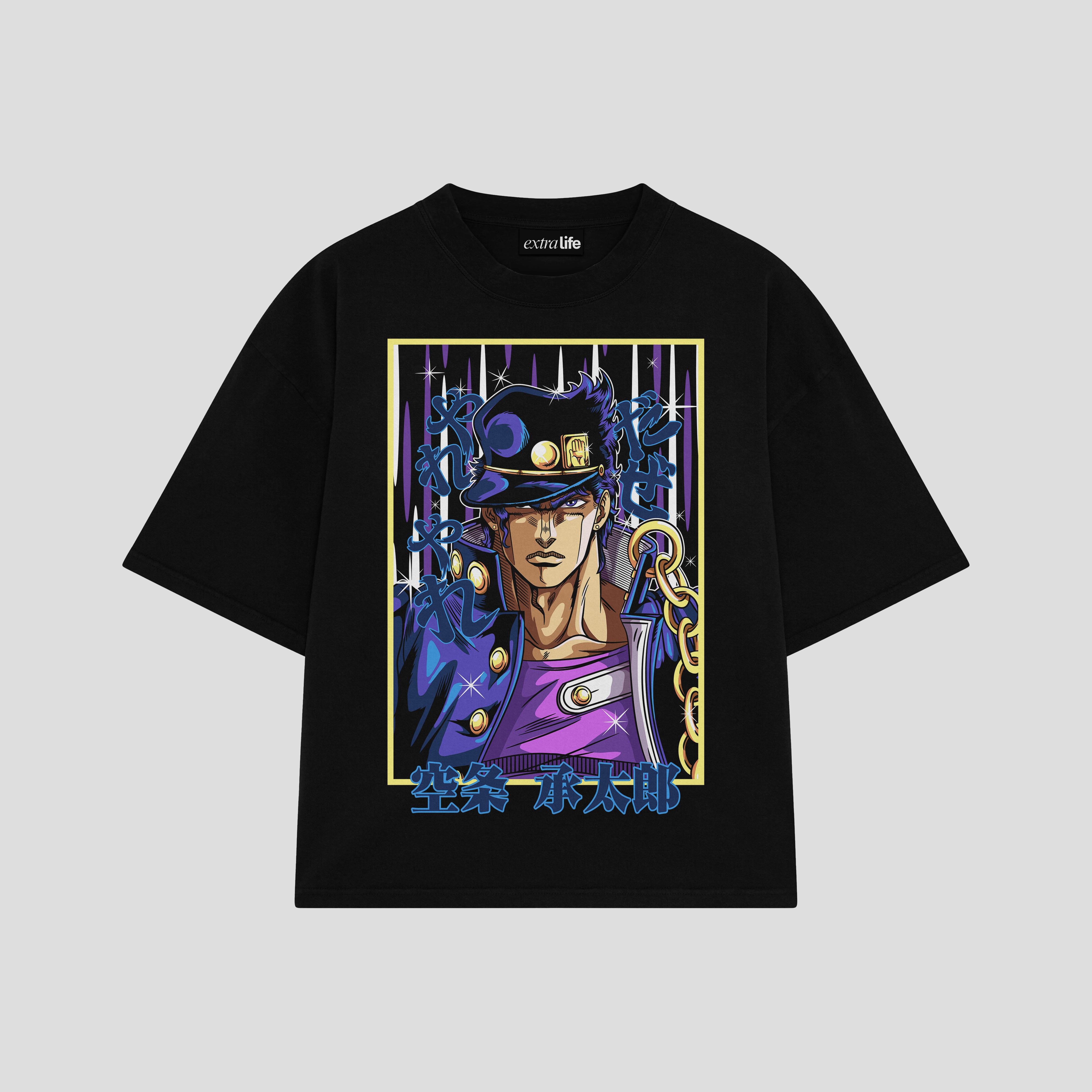 Playera streetwear premium de anime y gaming ExtraLife MX, corte boxy oversized drop shoulder heavyweight en color Deep Black y Off-White, moda urbana mexicana de culto.