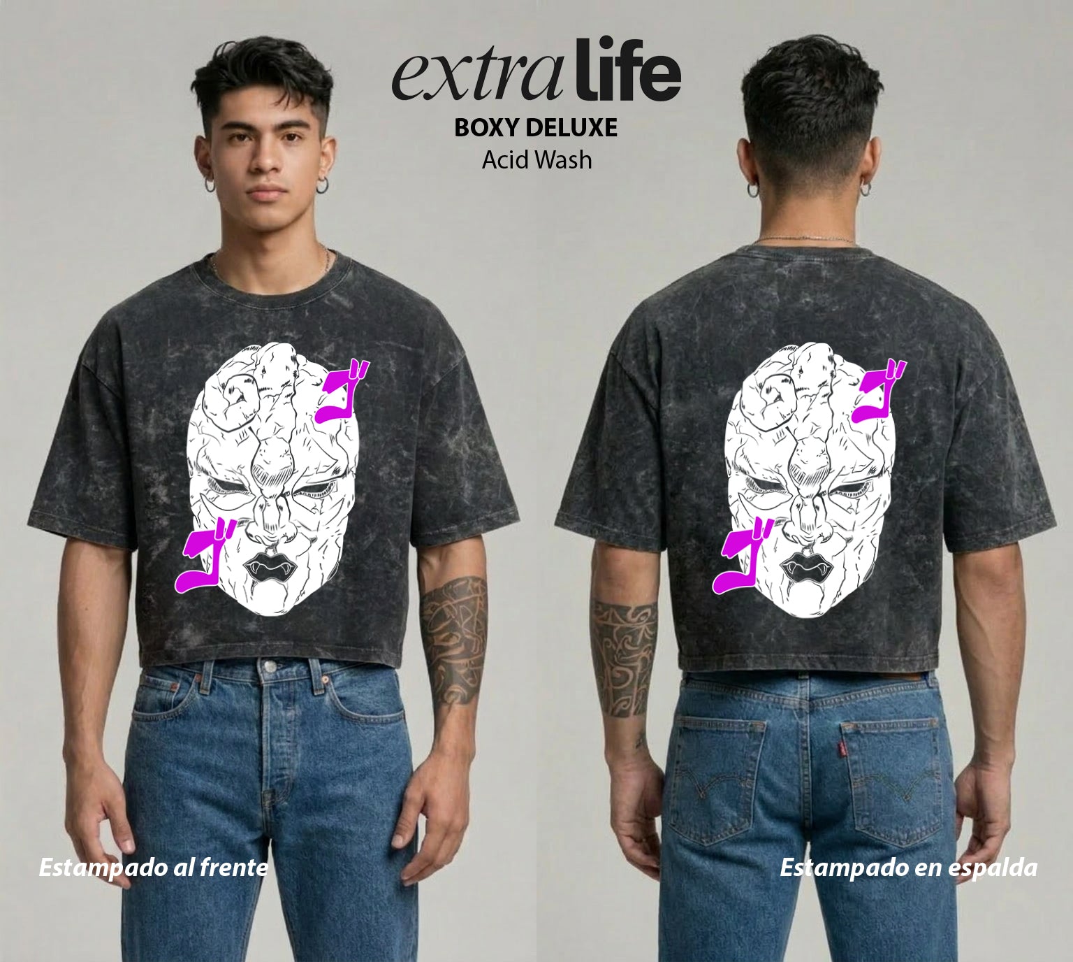 Playera streetwear premium de anime y gaming ExtraLife MX, corte boxy deluxe mineral wash heavyweight en color Acid Wash, moda urbana mexicana de culto.