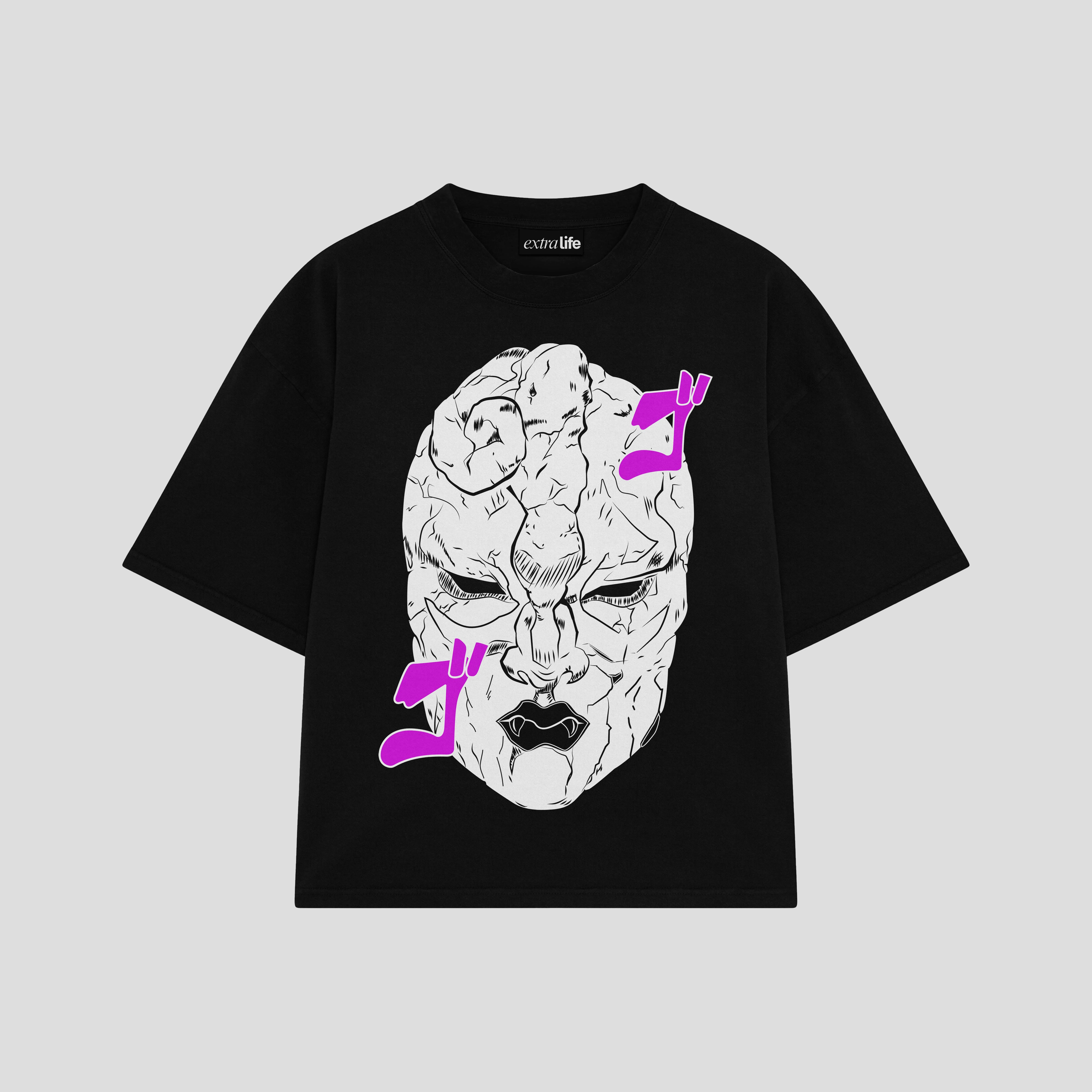 Playera streetwear premium de anime y gaming ExtraLife MX, corte boxy oversized drop shoulder heavyweight en color Deep Black y Off-White, moda urbana mexicana de culto.