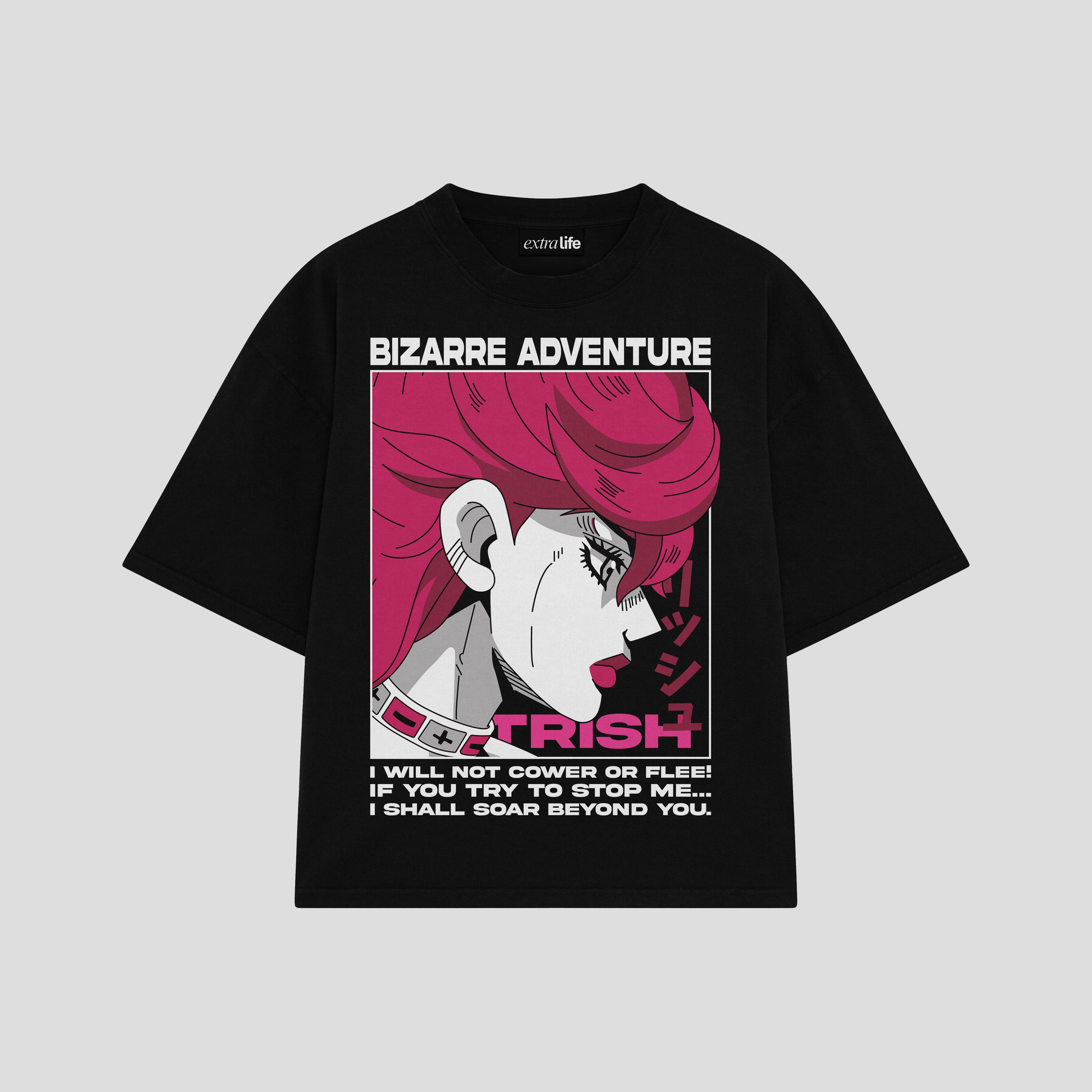 Playera streetwear premium de anime y gaming ExtraLife MX, corte boxy oversized drop shoulder heavyweight en color Deep Black y Off-White, moda urbana mexicana de culto.