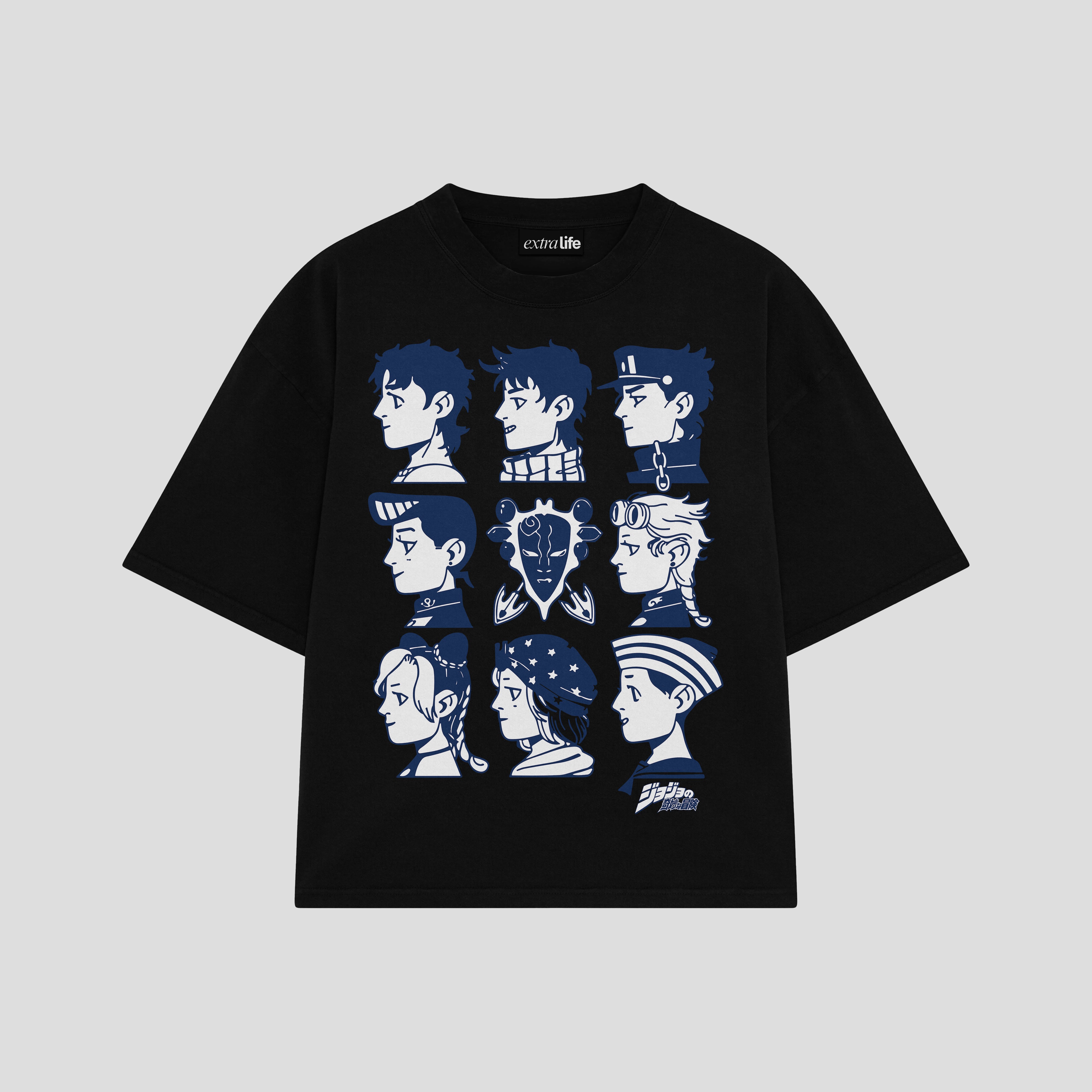 Playera streetwear premium de anime y gaming ExtraLife MX, corte boxy oversized drop shoulder heavyweight en color Deep Black y Off-White, moda urbana mexicana de culto.