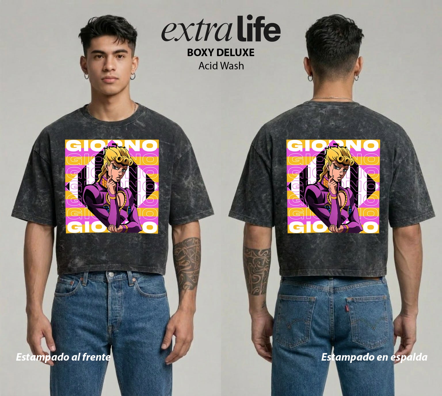 Playera streetwear premium de anime y gaming ExtraLife MX, corte boxy deluxe mineral wash heavyweight en color Acid Wash, moda urbana mexicana de culto.