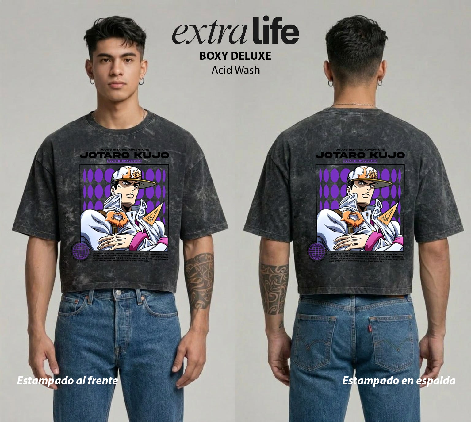 Playera streetwear premium de anime y gaming ExtraLife MX, corte boxy deluxe mineral wash heavyweight en color Acid Wash, moda urbana mexicana de culto.