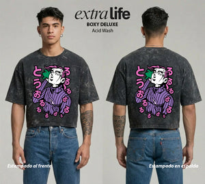 Playera streetwear premium de anime y gaming ExtraLife MX, corte boxy deluxe mineral wash heavyweight en color Acid Wash, moda urbana mexicana de culto.