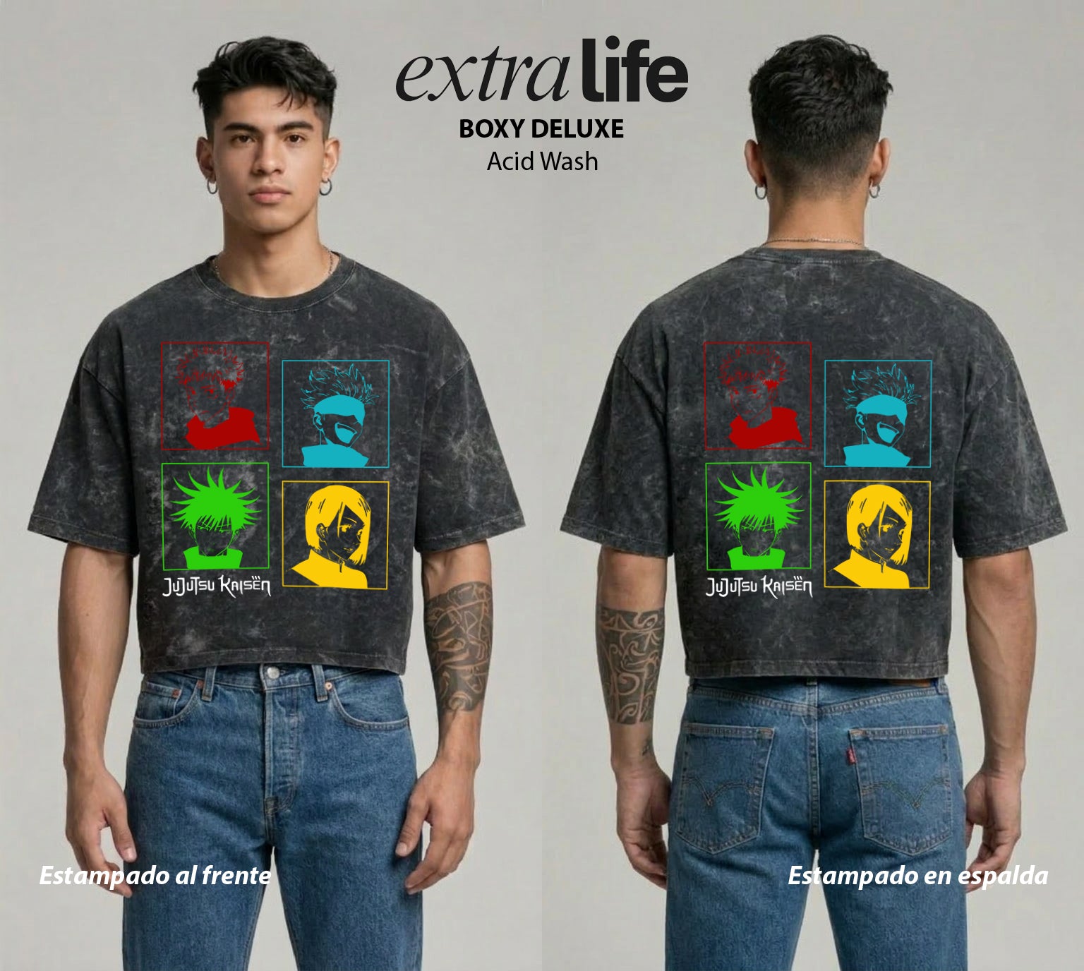 Playera streetwear premium de anime y gaming ExtraLife MX, corte boxy deluxe mineral wash heavyweight en color Acid Wash, moda urbana mexicana de culto.