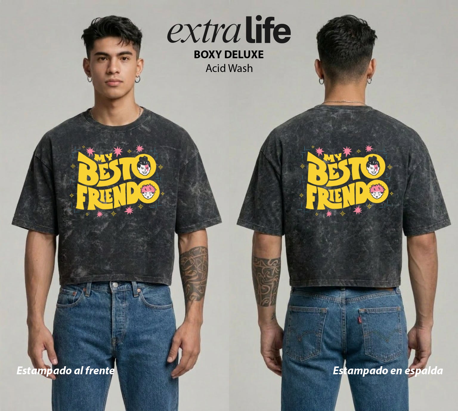 Playera streetwear premium de anime y gaming ExtraLife MX, corte boxy deluxe mineral wash heavyweight en color Acid Wash, moda urbana mexicana de culto.
