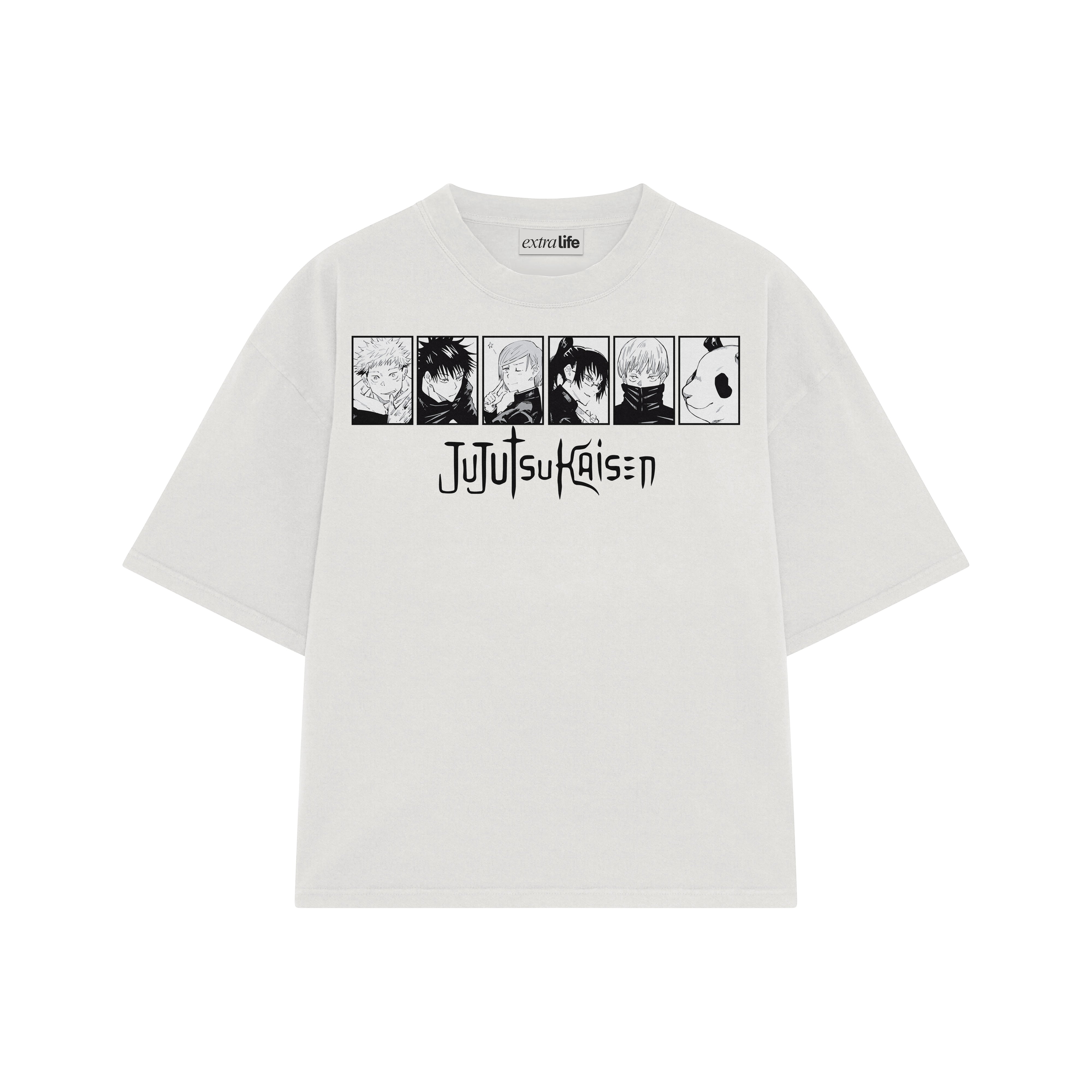 Playera streetwear premium de anime y gaming ExtraLife MX, corte boxy oversized drop shoulder heavyweight en color Deep Black y Off-White, moda urbana mexicana de culto.