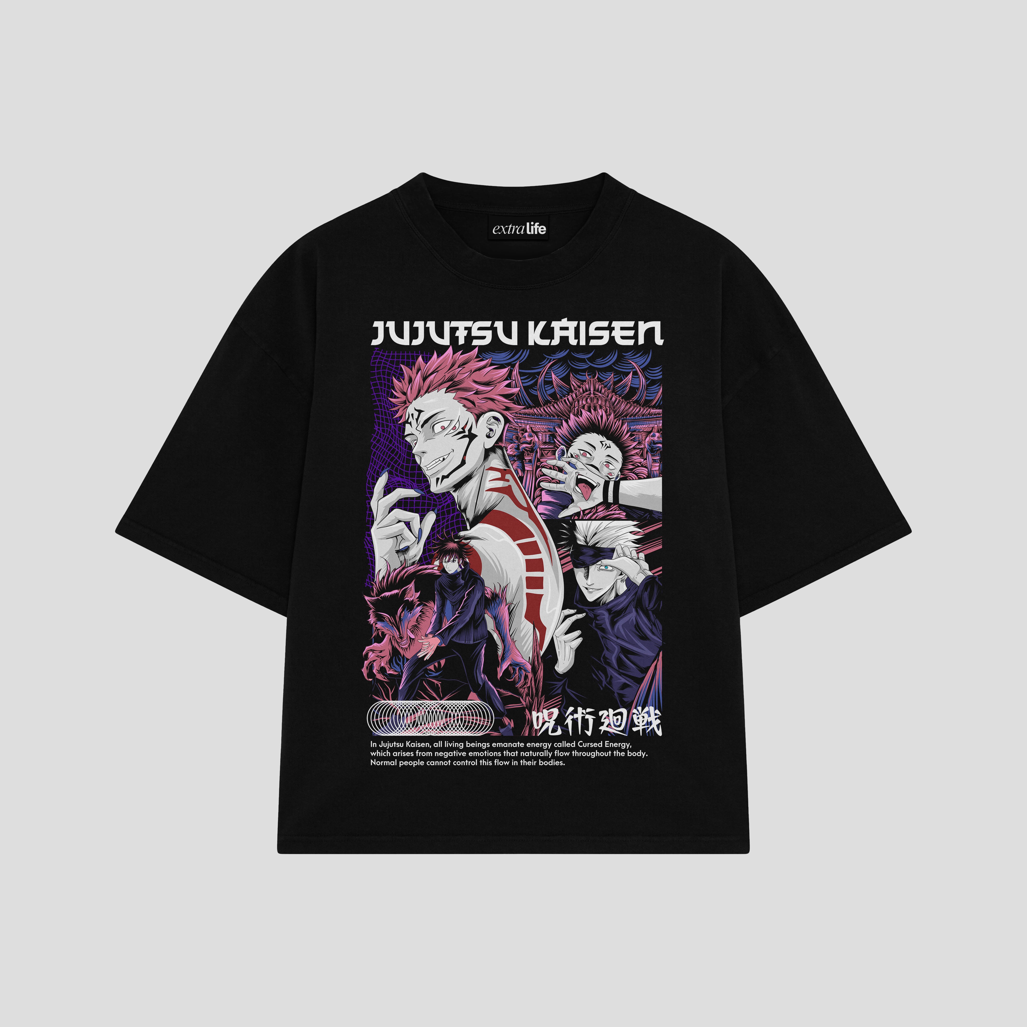 Playera streetwear premium de anime y gaming ExtraLife MX, corte boxy oversized drop shoulder heavyweight en color Deep Black y Off-White, moda urbana mexicana de culto.