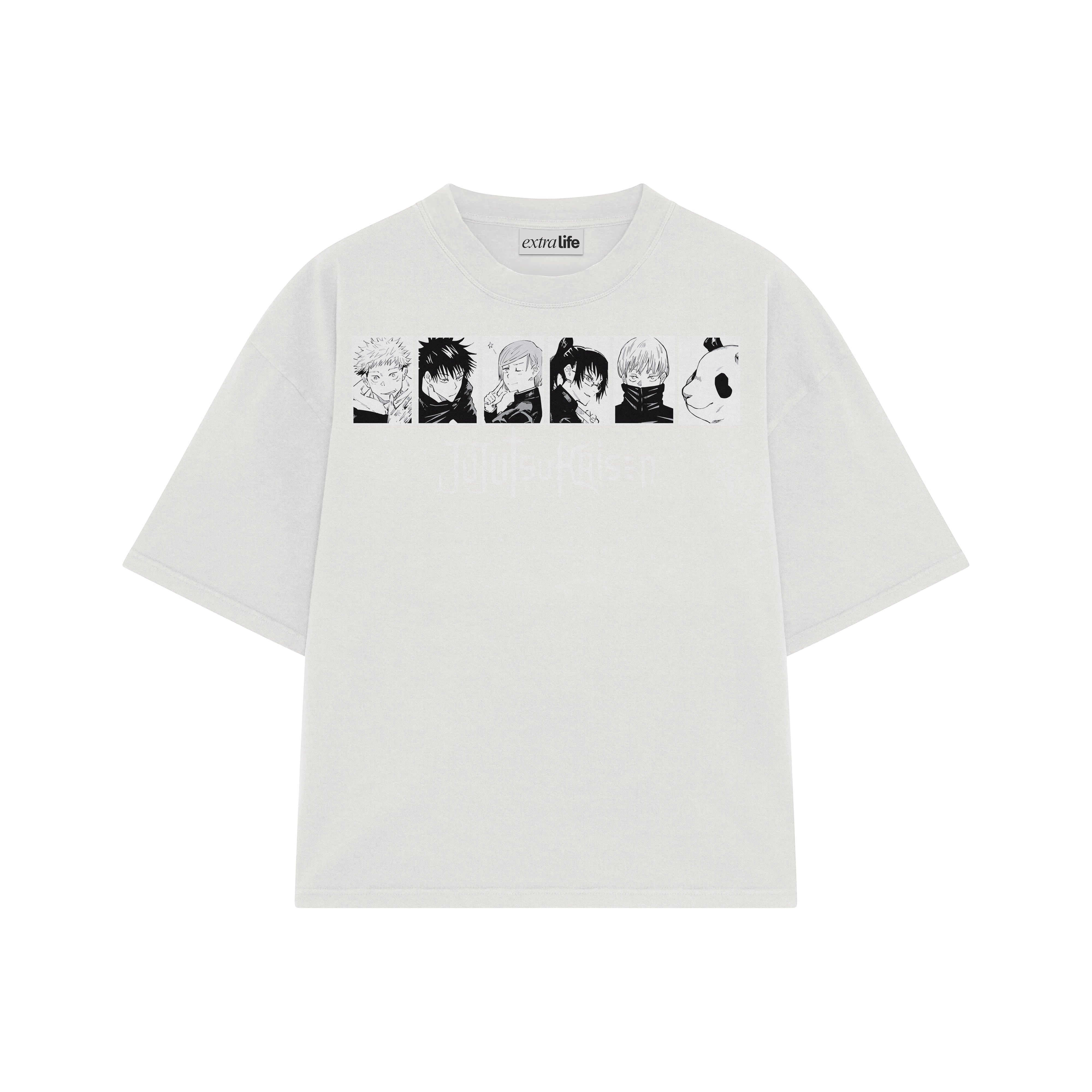 Playera streetwear premium de anime y gaming ExtraLife MX, corte boxy oversized drop shoulder heavyweight en color Deep Black y Off-White, moda urbana mexicana de culto.