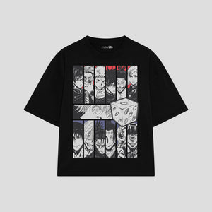 Playera streetwear premium de anime y gaming ExtraLife MX, corte boxy oversized drop shoulder heavyweight en color Deep Black y Off-White, moda urbana mexicana de culto.