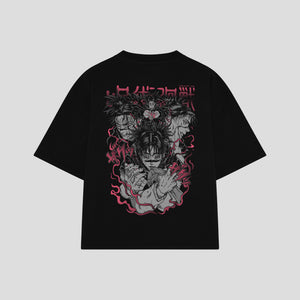 Playera streetwear premium de anime y gaming ExtraLife MX, corte boxy oversized drop shoulder heavyweight en color Deep Black y Off-White, moda urbana mexicana de culto.