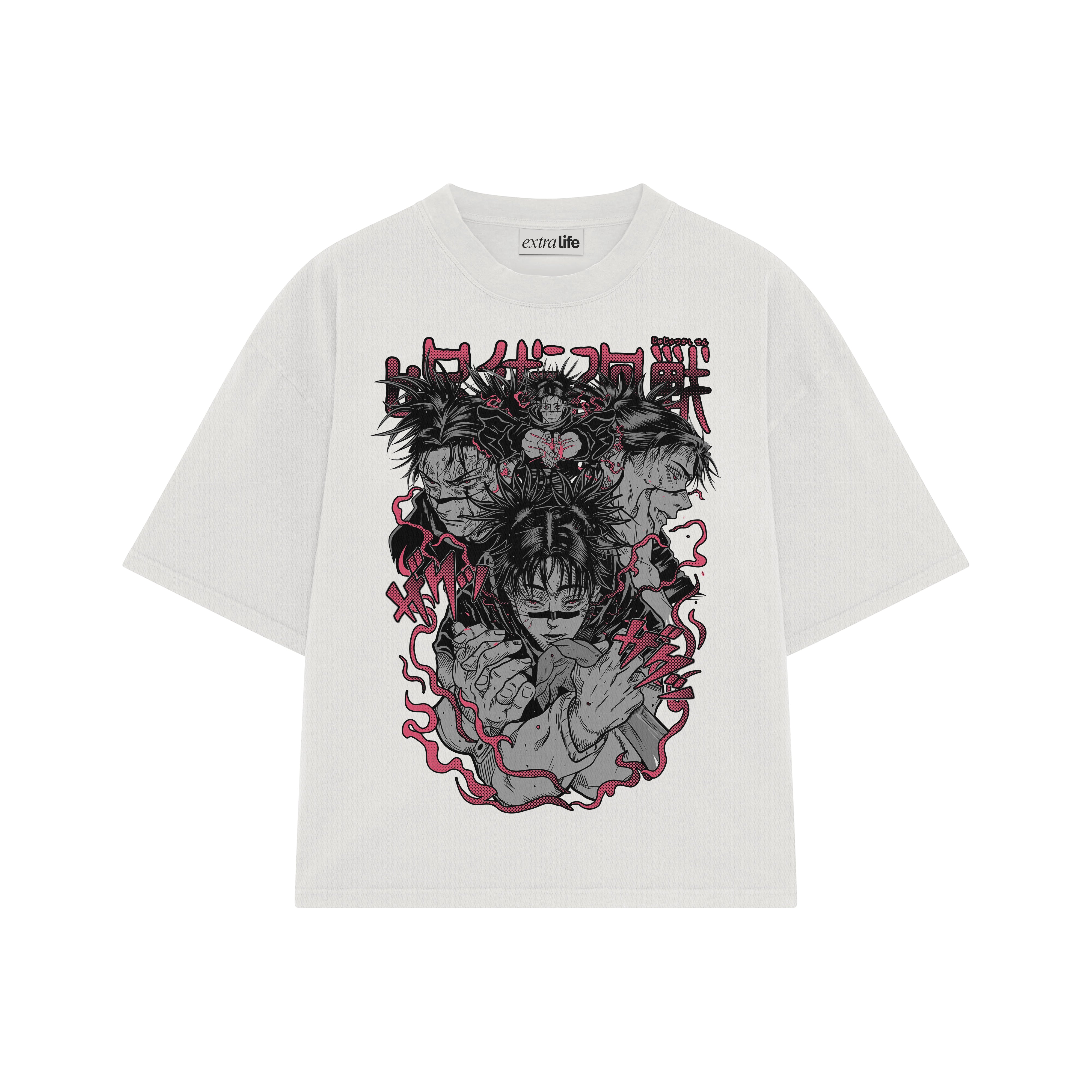 Playera streetwear premium de anime y gaming ExtraLife MX, corte boxy oversized drop shoulder heavyweight en color Deep Black y Off-White, moda urbana mexicana de culto.