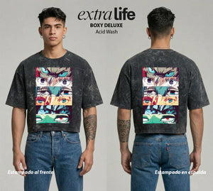 Playera streetwear premium de anime y gaming ExtraLife MX, corte boxy deluxe mineral wash heavyweight en color Acid Wash, moda urbana mexicana de culto.
