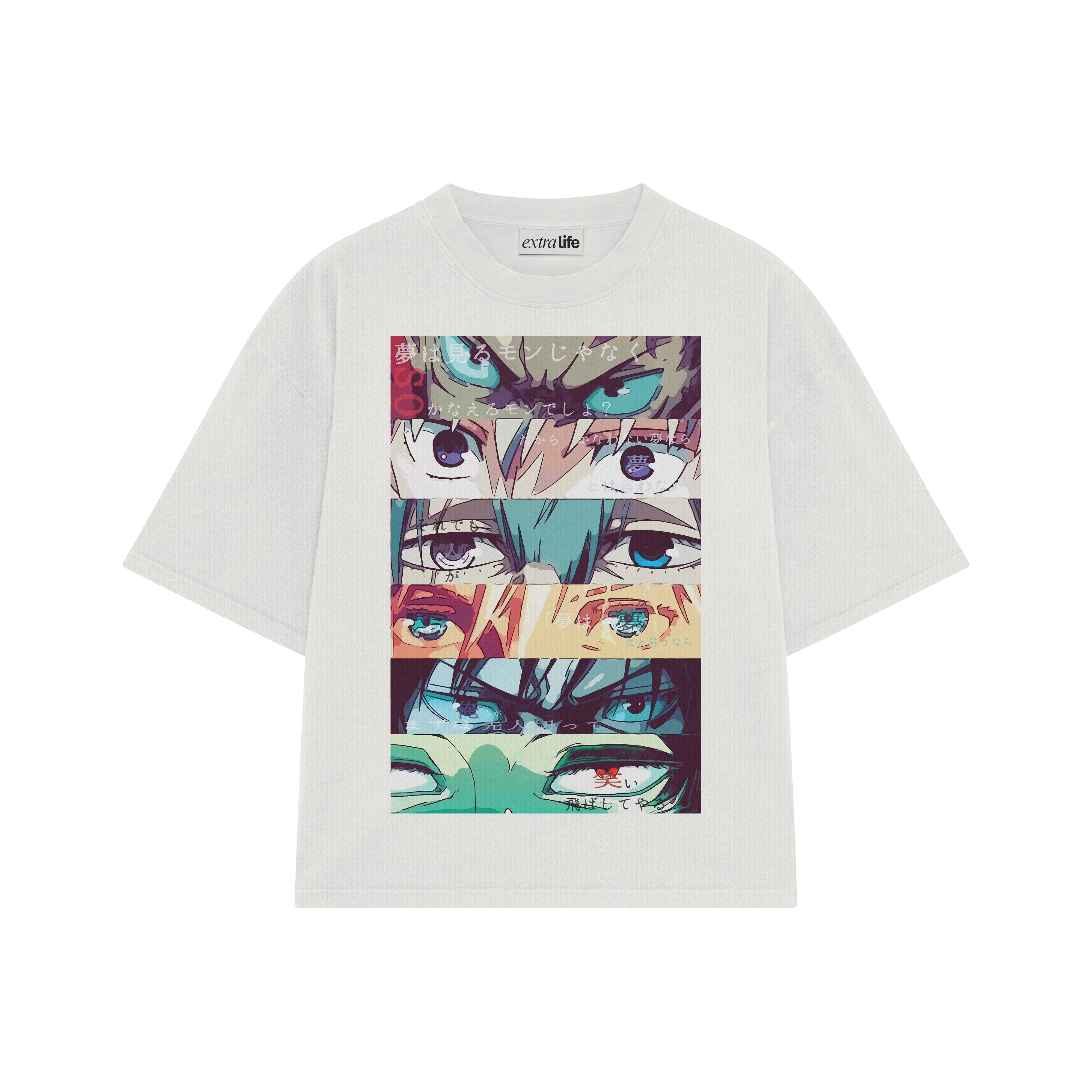 Playera streetwear premium de anime y gaming ExtraLife MX, corte boxy oversized drop shoulder heavyweight en color Deep Black y Off-White, moda urbana mexicana de culto.