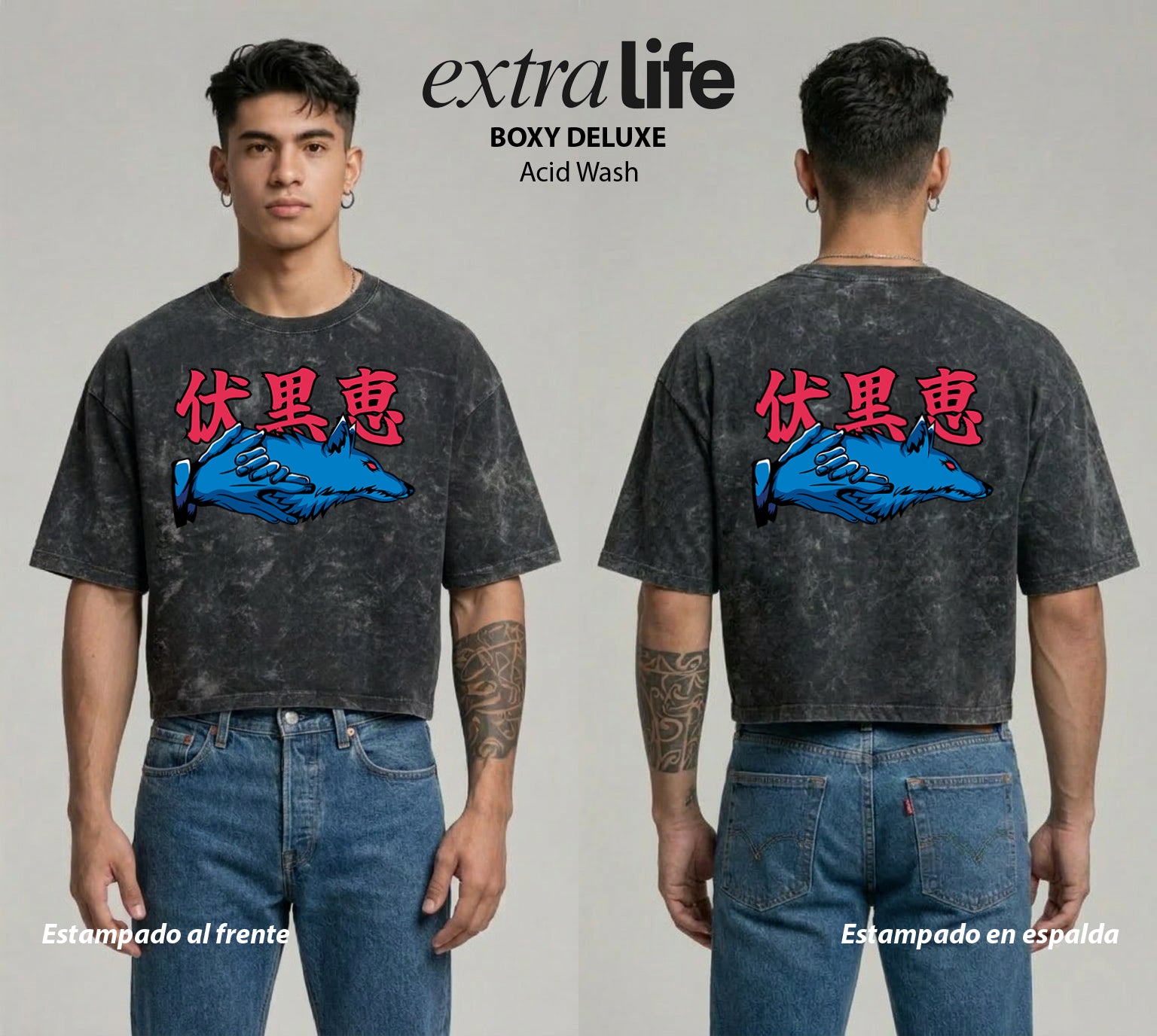 Playera streetwear premium de anime y gaming ExtraLife MX, corte boxy deluxe mineral wash heavyweight en color Acid Wash, moda urbana mexicana de culto.