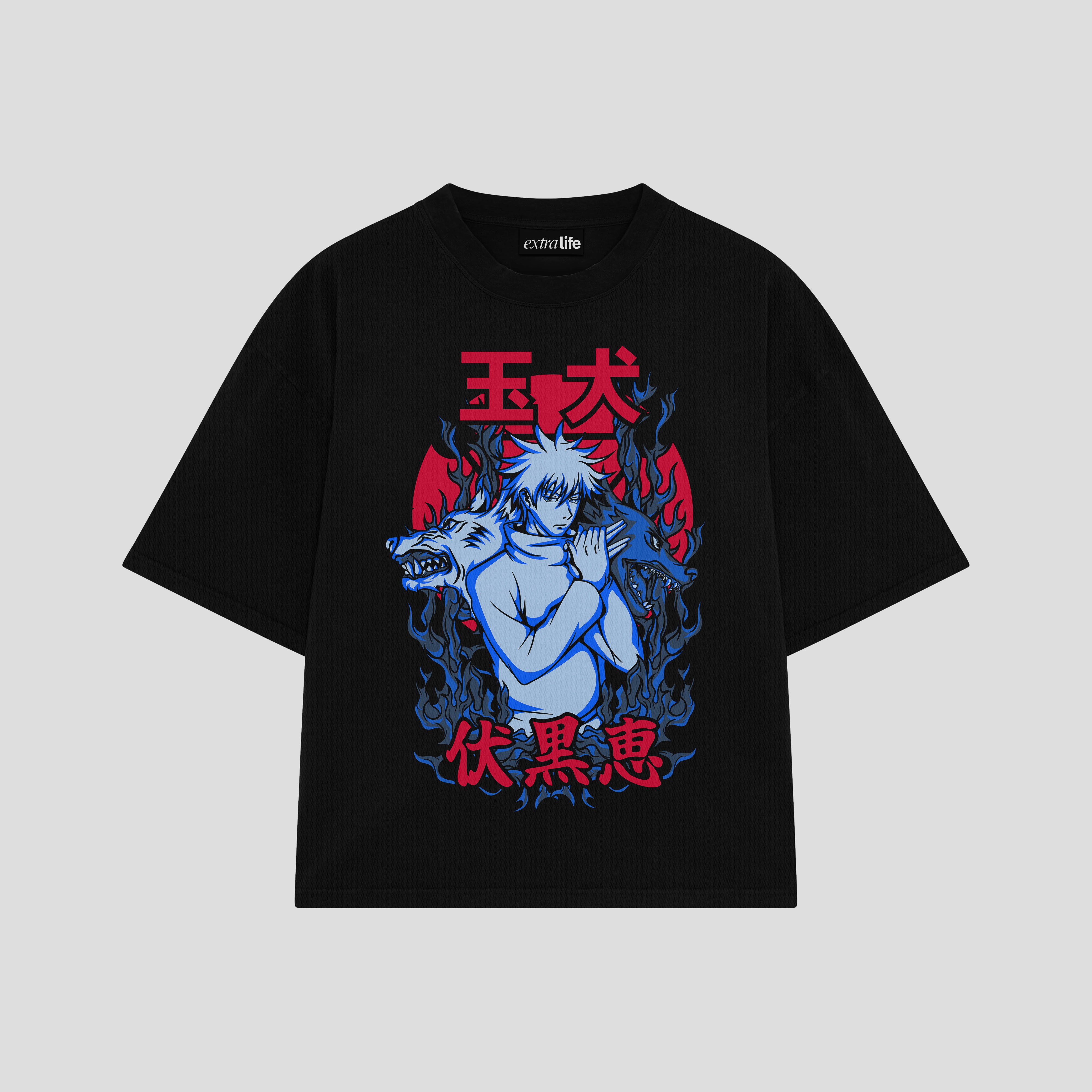 Playera streetwear premium de anime y gaming ExtraLife MX, corte boxy oversized drop shoulder heavyweight en color Deep Black y Off-White, moda urbana mexicana de culto.