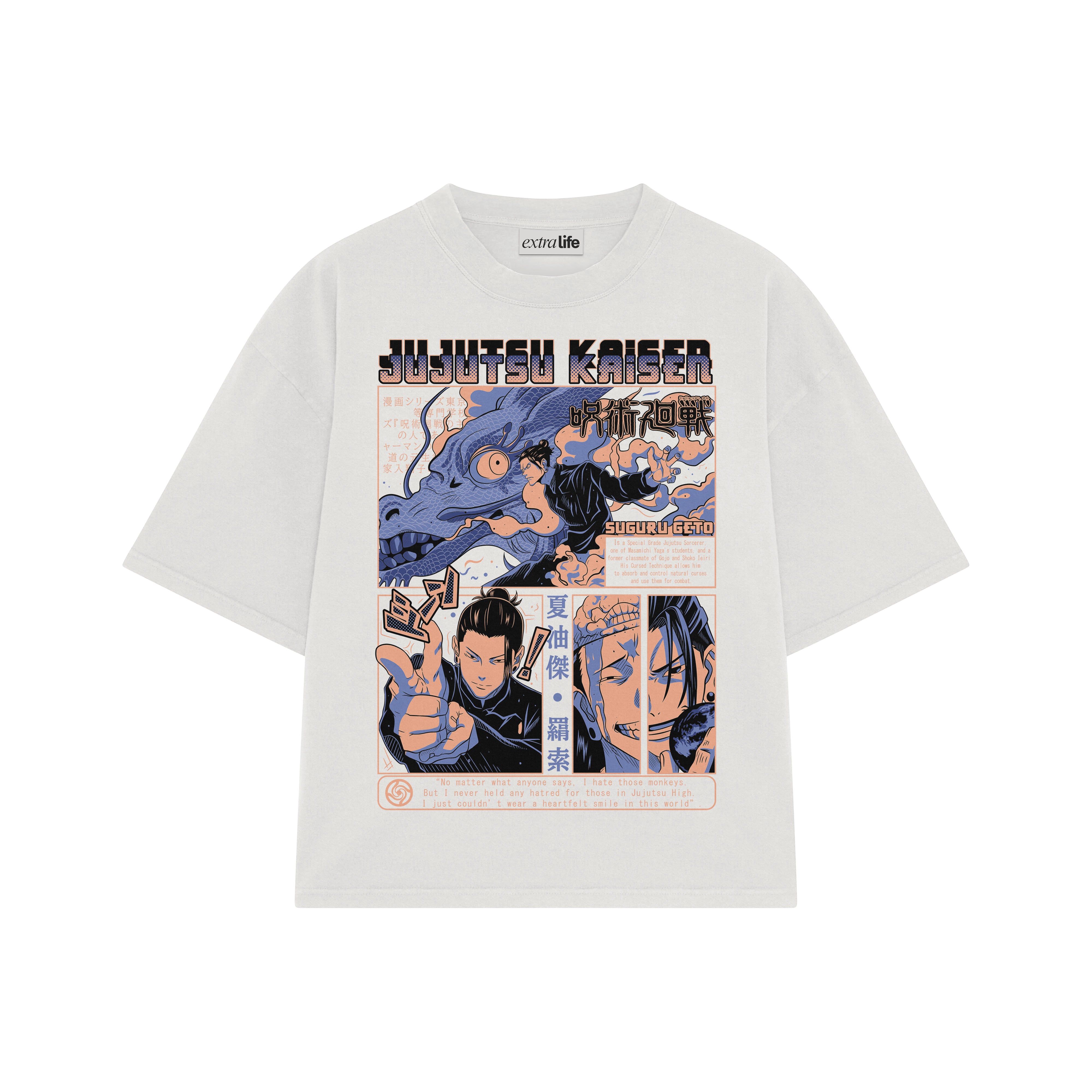 Playera streetwear premium de anime y gaming ExtraLife MX, corte boxy oversized drop shoulder heavyweight en color Deep Black y Off-White, moda urbana mexicana de culto.
