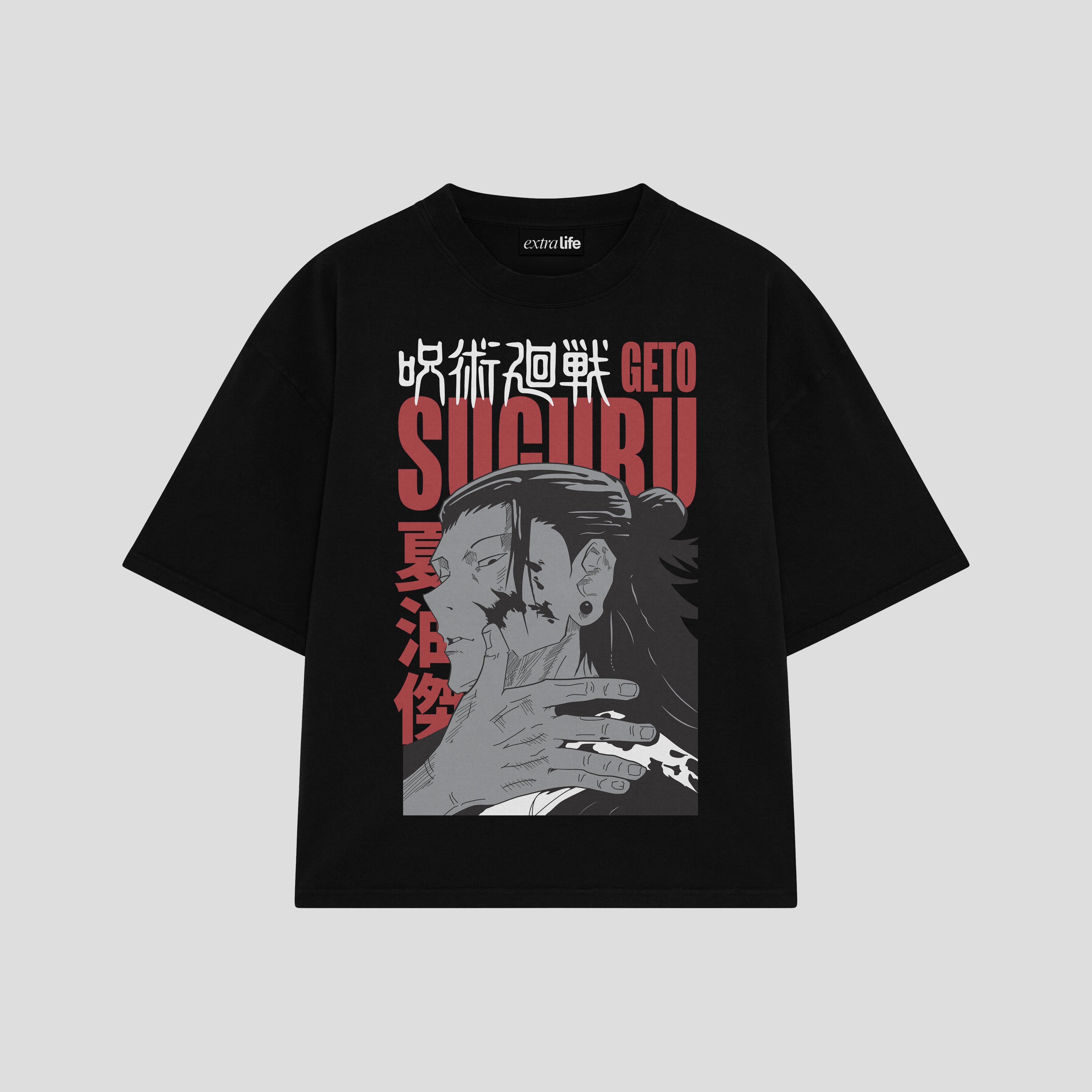 Playera streetwear premium de anime y gaming ExtraLife MX, corte boxy oversized drop shoulder heavyweight en color Deep Black y Off-White, moda urbana mexicana de culto.