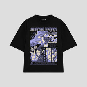 Playera streetwear premium de anime y gaming ExtraLife MX, corte boxy oversized drop shoulder heavyweight en color Deep Black y Off-White, moda urbana mexicana de culto.