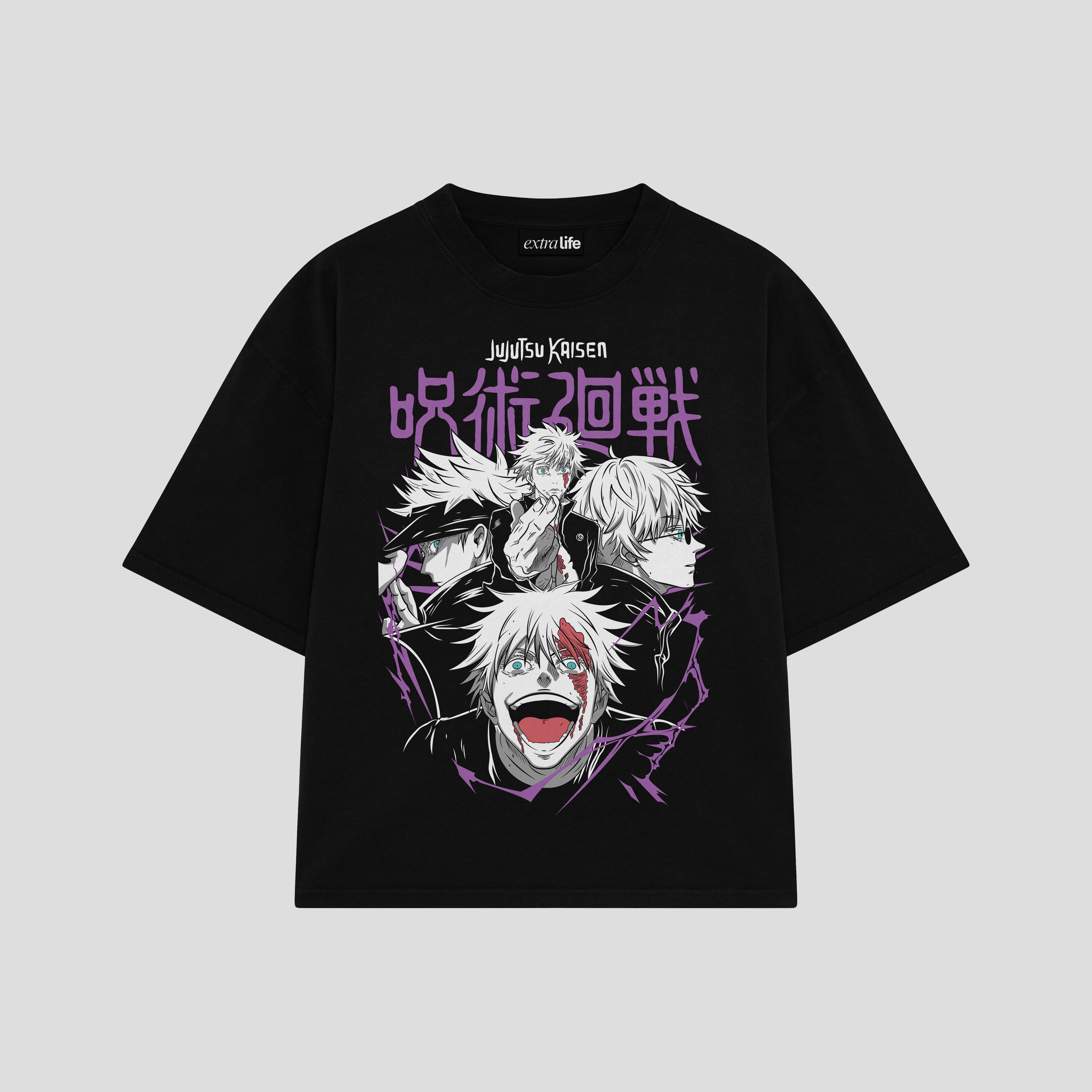 Playera streetwear premium de anime y gaming ExtraLife MX, corte boxy oversized drop shoulder heavyweight en color Deep Black y Off-White, moda urbana mexicana de culto.