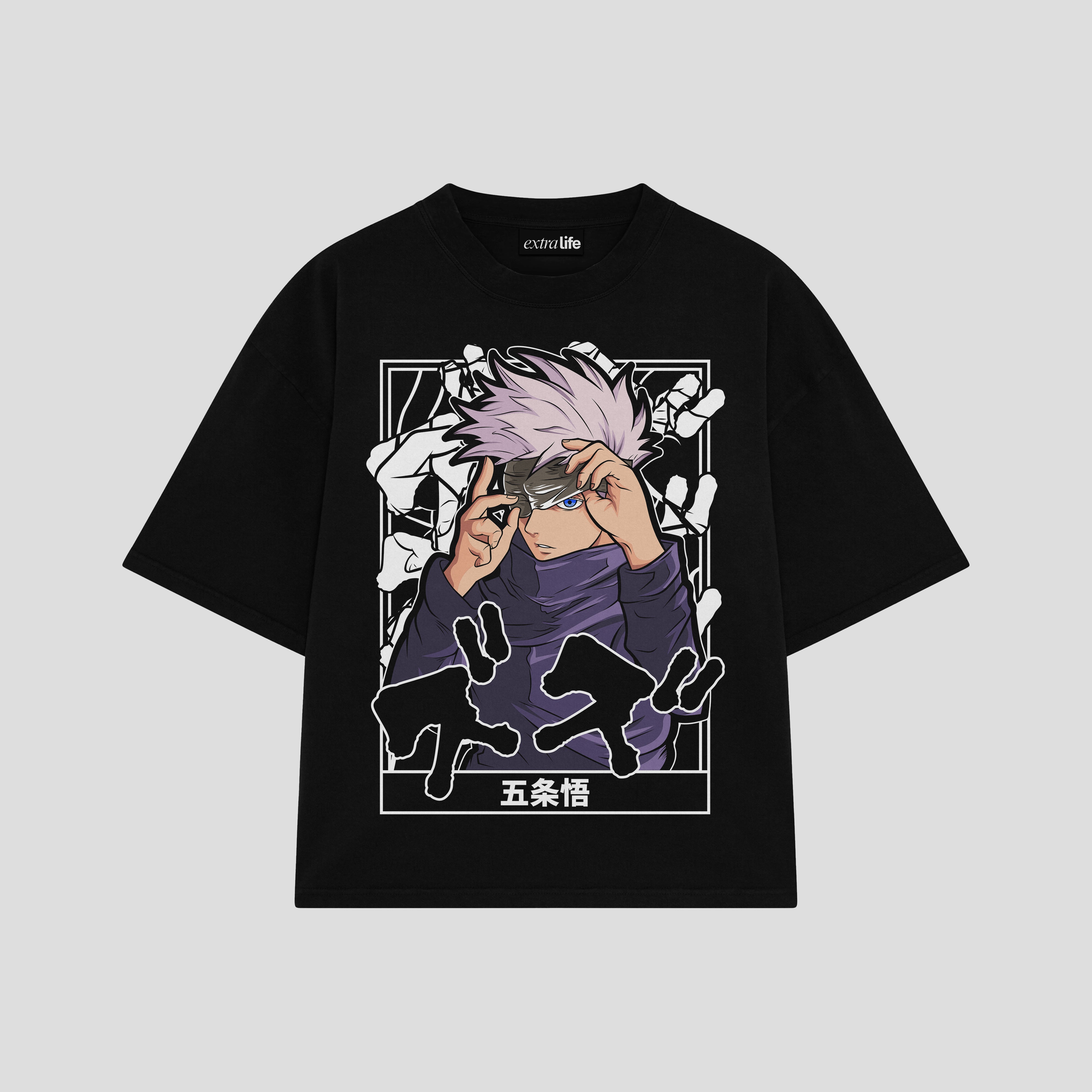 Playera streetwear premium de anime y gaming ExtraLife MX, corte boxy oversized drop shoulder heavyweight en color Deep Black y Off-White, moda urbana mexicana de culto.