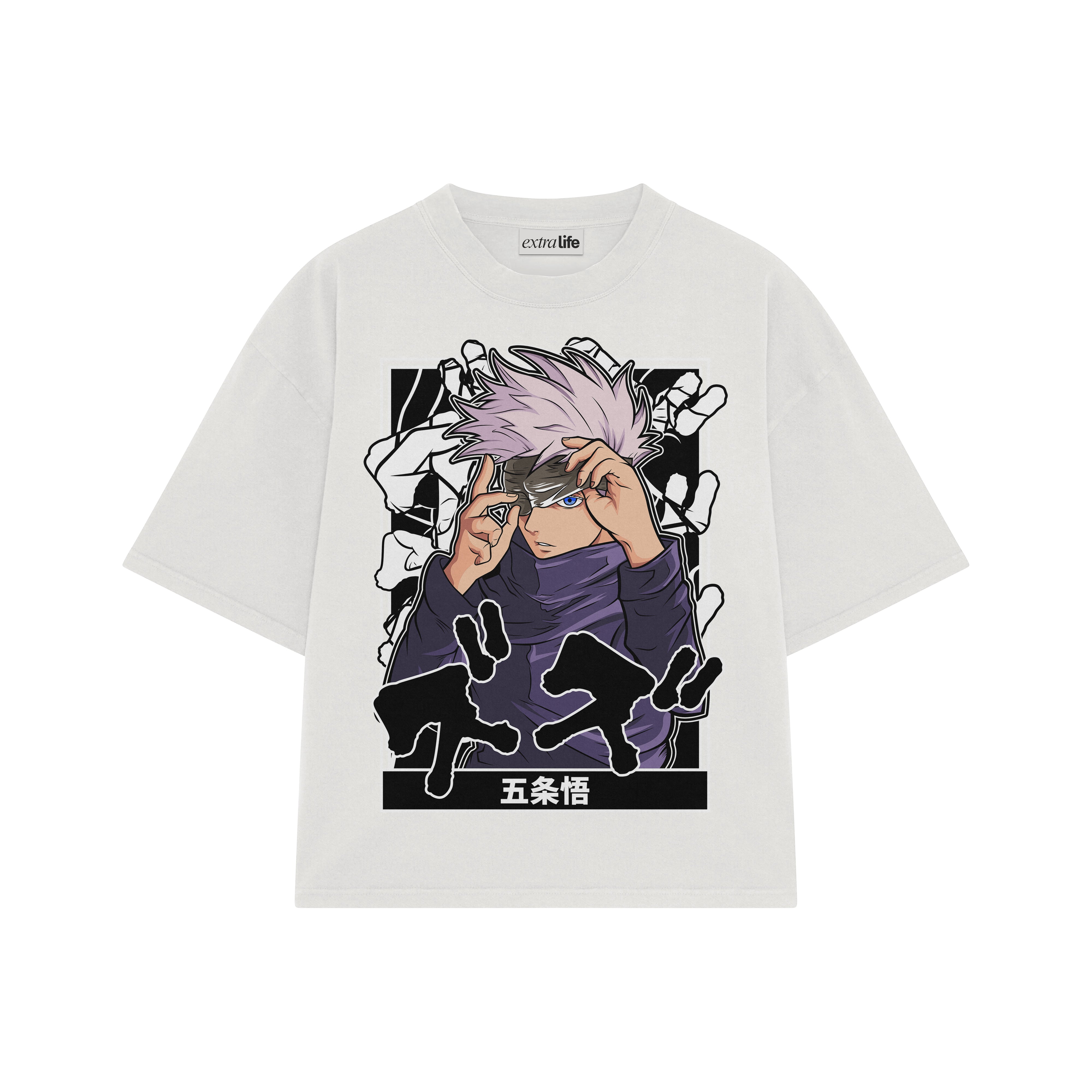 Playera streetwear premium de anime y gaming ExtraLife MX, corte boxy oversized drop shoulder heavyweight en color Deep Black y Off-White, moda urbana mexicana de culto.