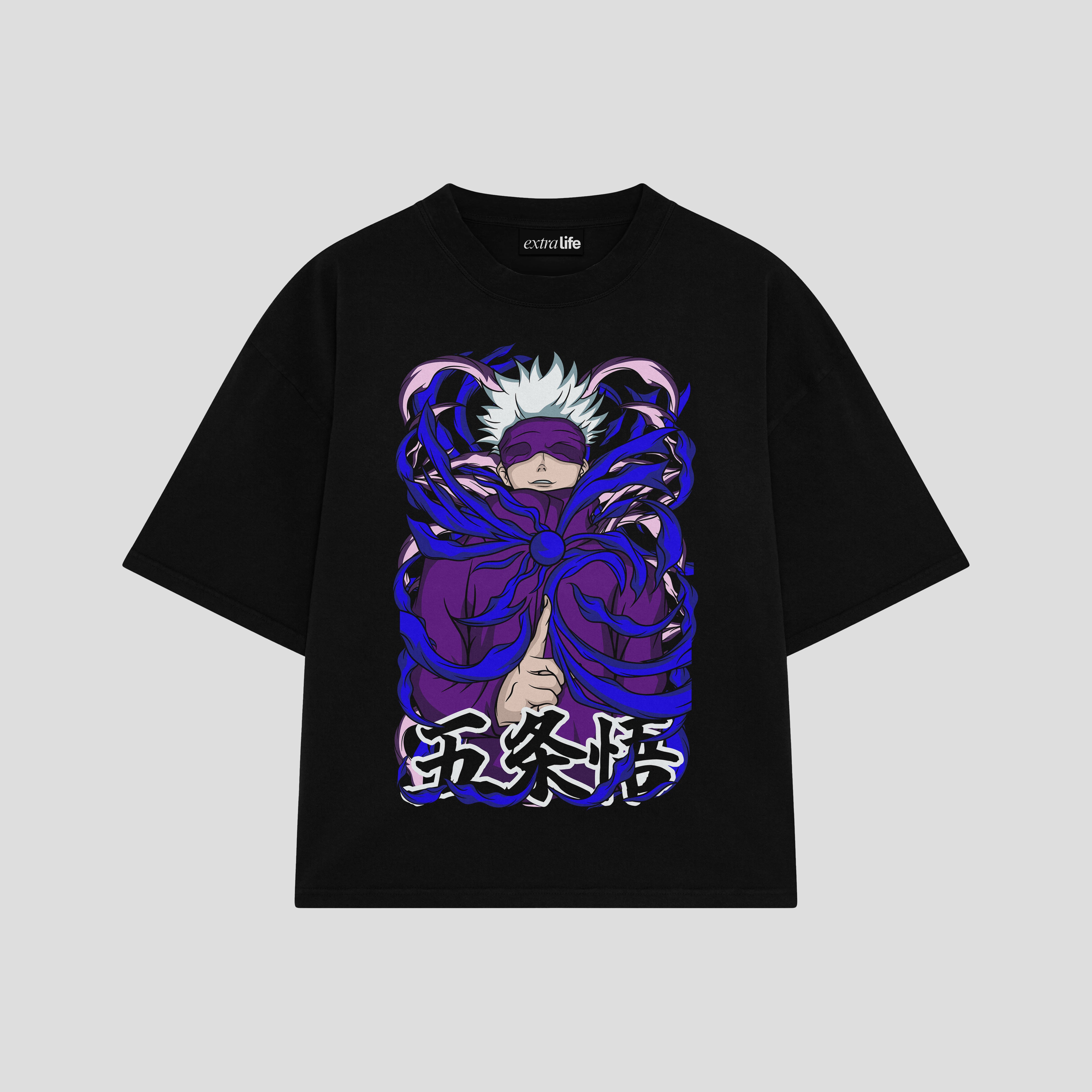 Playera streetwear premium de anime y gaming ExtraLife MX, corte boxy oversized drop shoulder heavyweight en color Deep Black y Off-White, moda urbana mexicana de culto.