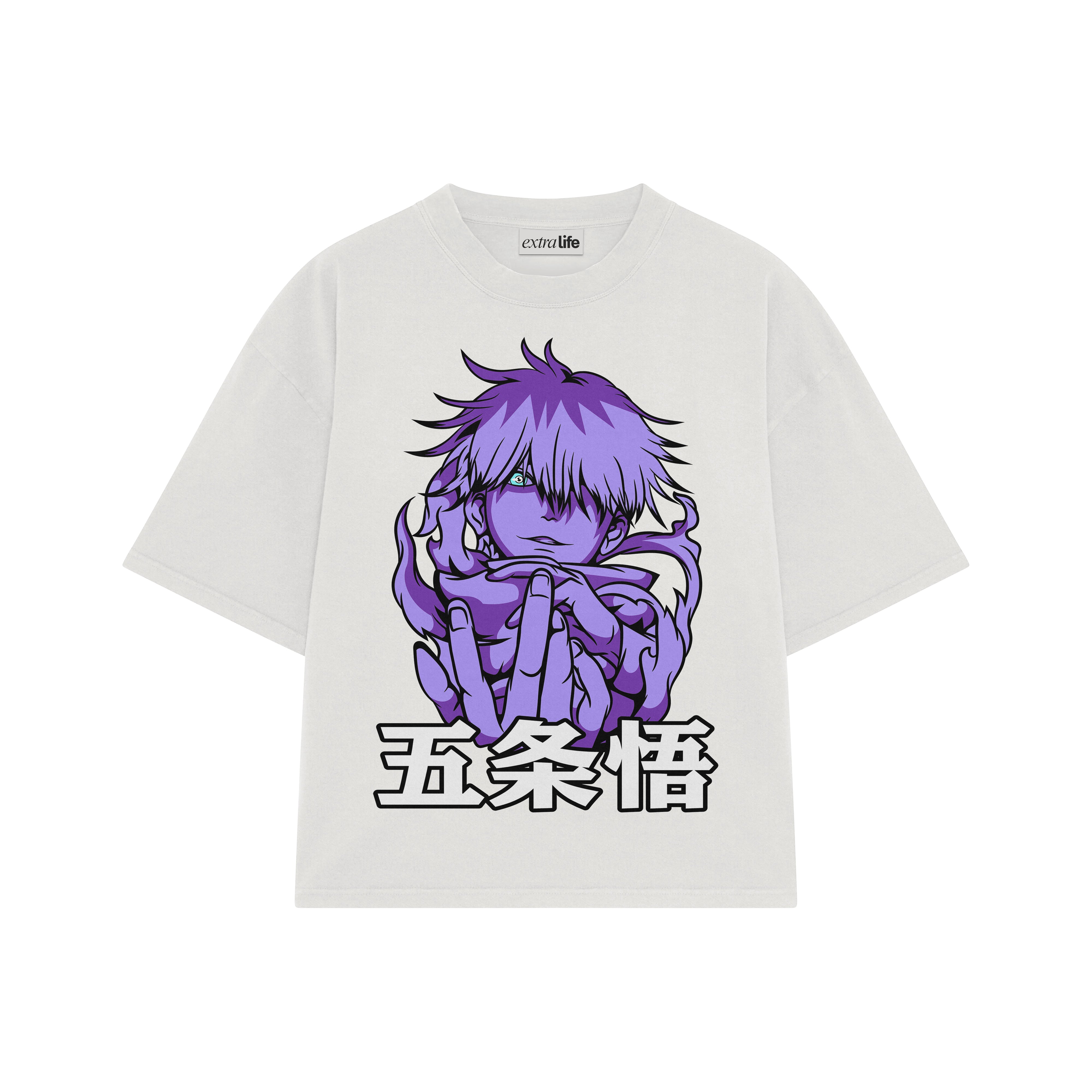 Playera streetwear premium de anime y gaming ExtraLife MX, corte boxy oversized drop shoulder heavyweight en color Deep Black y Off-White, moda urbana mexicana de culto.
