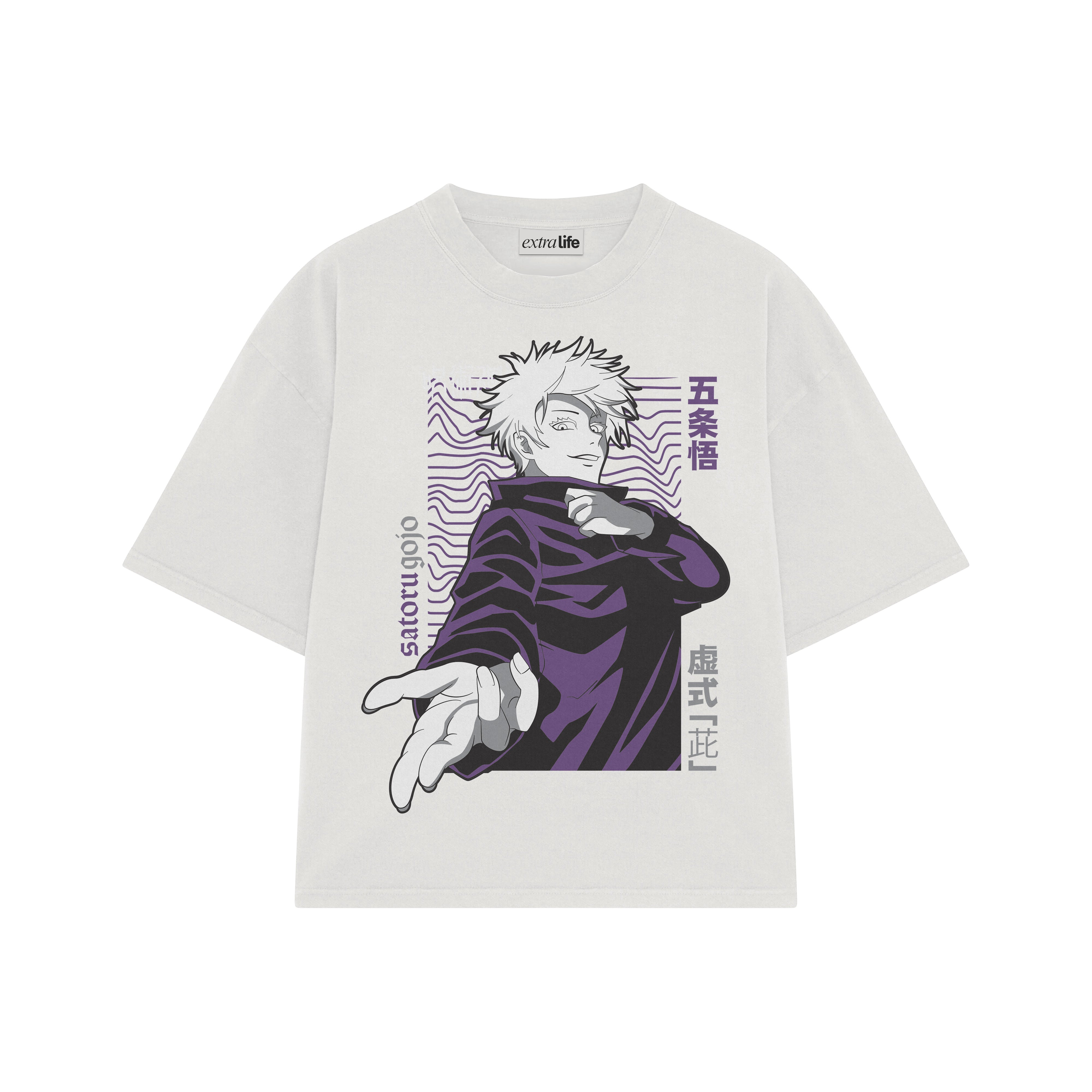 Playera streetwear premium de anime y gaming ExtraLife MX, corte boxy oversized drop shoulder heavyweight en color Deep Black y Off-White, moda urbana mexicana de culto.