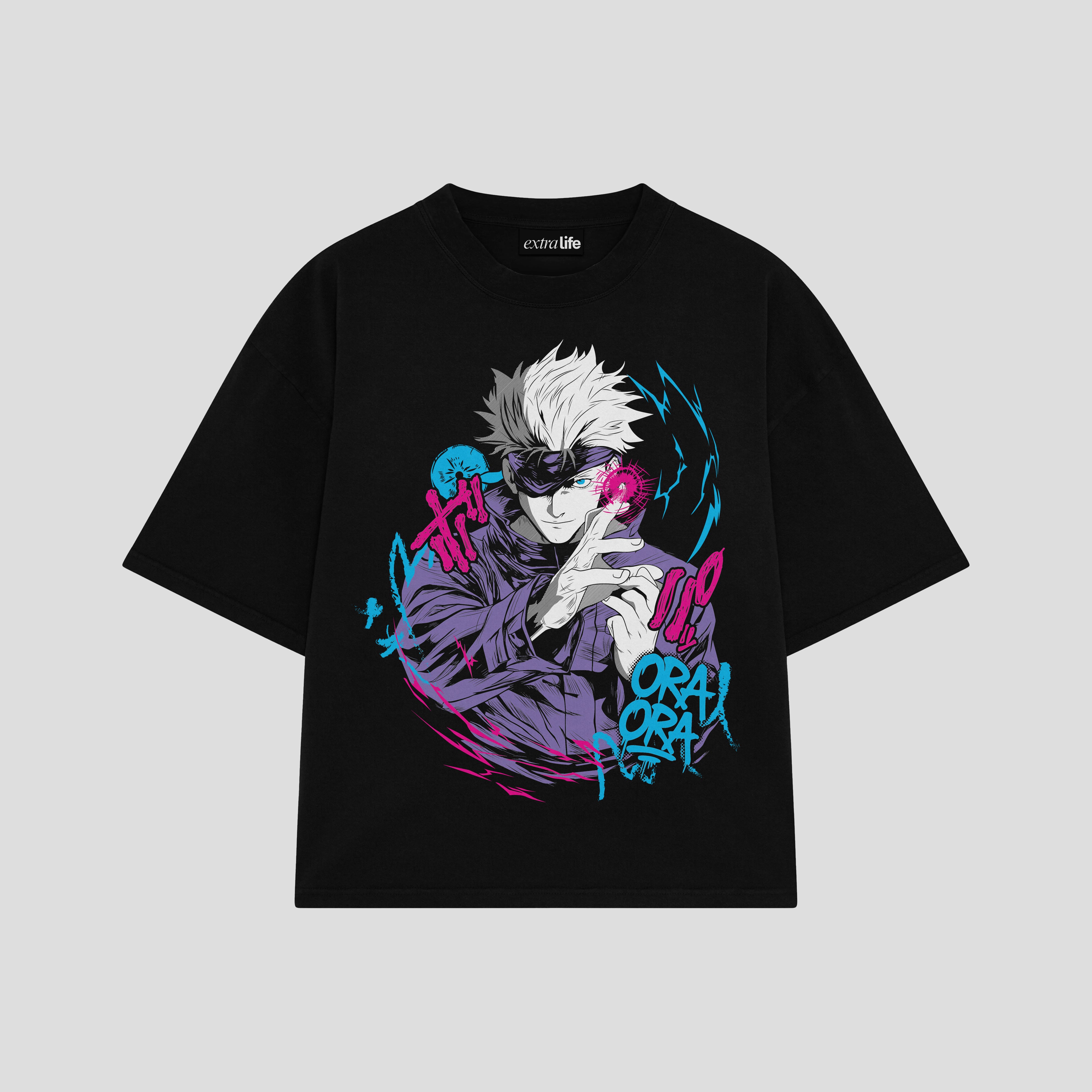 Playera streetwear premium de anime y gaming ExtraLife MX, corte boxy oversized drop shoulder heavyweight en color Deep Black y Off-White, moda urbana mexicana de culto.