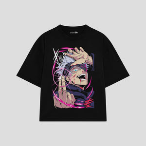 Playera streetwear premium de anime y gaming ExtraLife MX, corte boxy oversized drop shoulder heavyweight en color Deep Black y Off-White, moda urbana mexicana de culto.