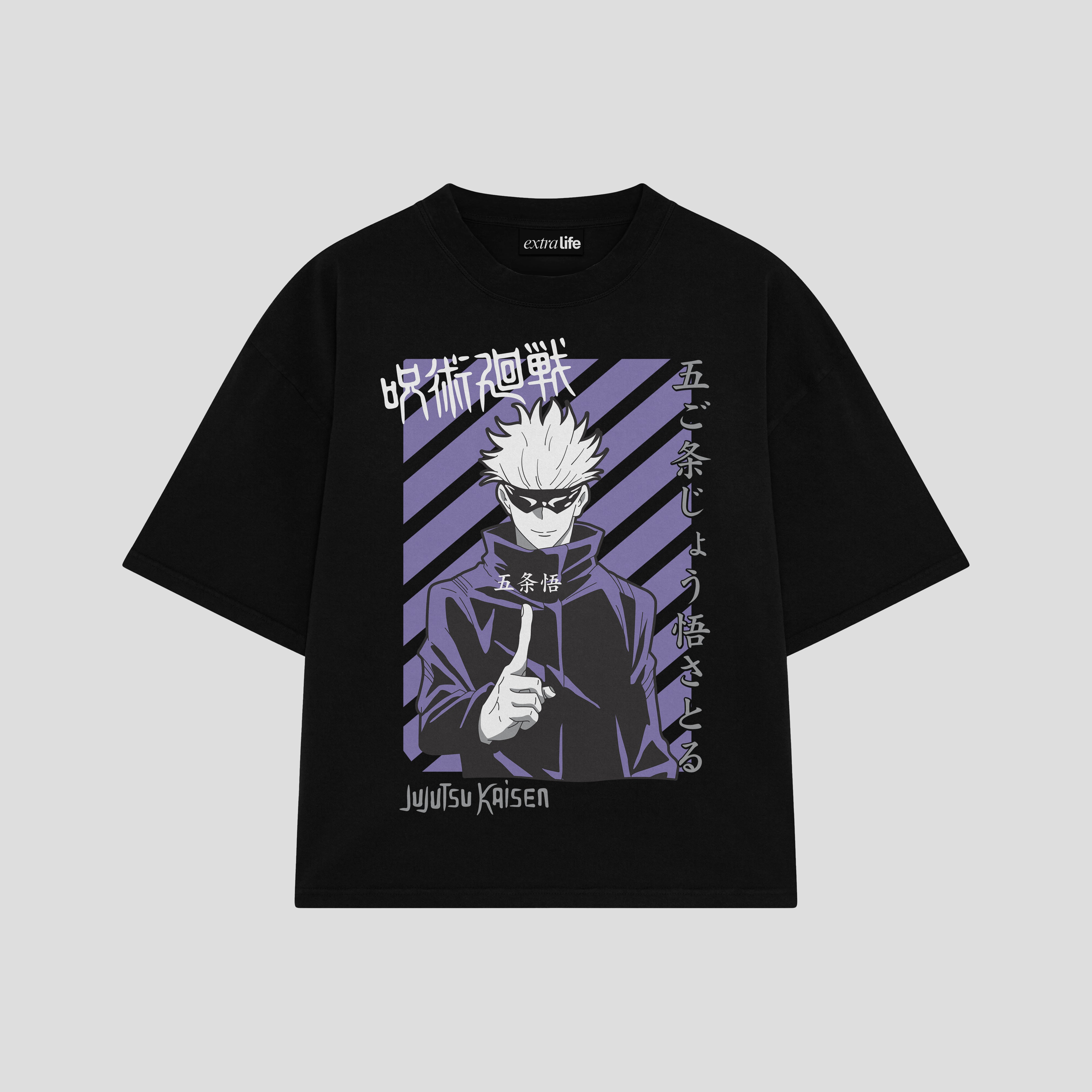 Playera streetwear premium de anime y gaming ExtraLife MX, corte boxy oversized drop shoulder heavyweight en color Deep Black y Off-White, moda urbana mexicana de culto.