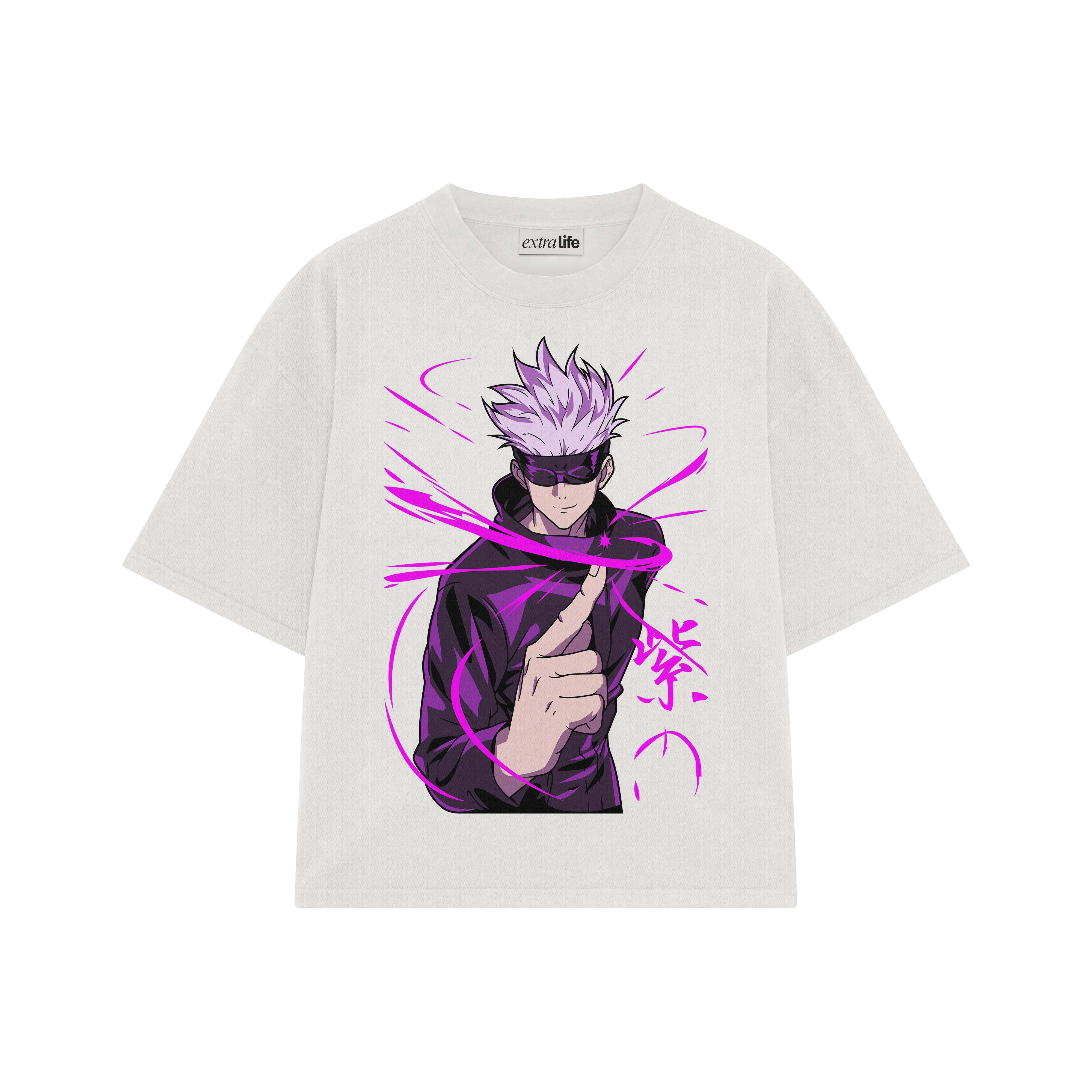 Playera streetwear premium de anime y gaming ExtraLife MX, corte boxy oversized drop shoulder heavyweight en color Deep Black y Off-White, moda urbana mexicana de culto.