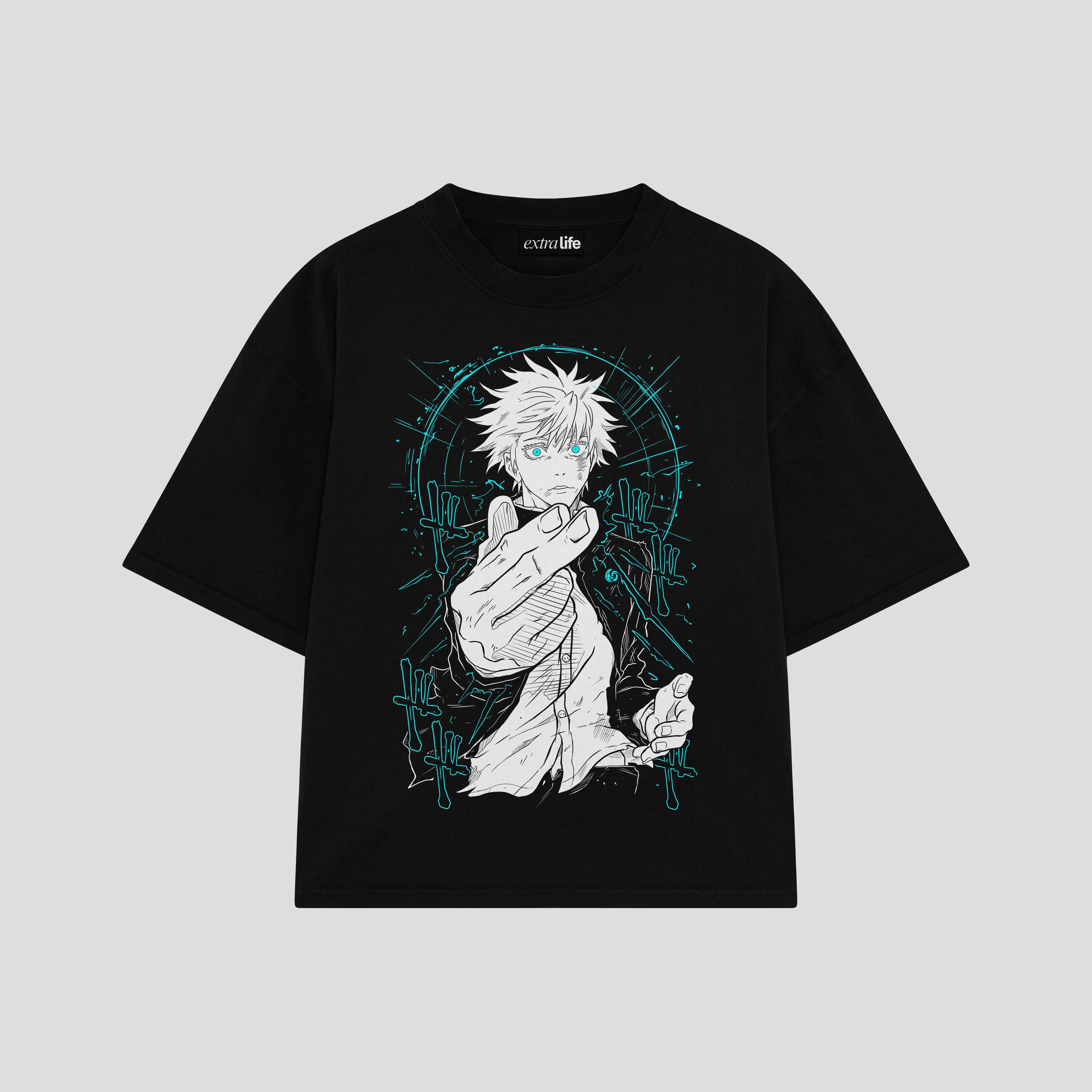 Playera streetwear premium de anime y gaming ExtraLife MX, corte boxy oversized drop shoulder heavyweight en color Deep Black y Off-White, moda urbana mexicana de culto.