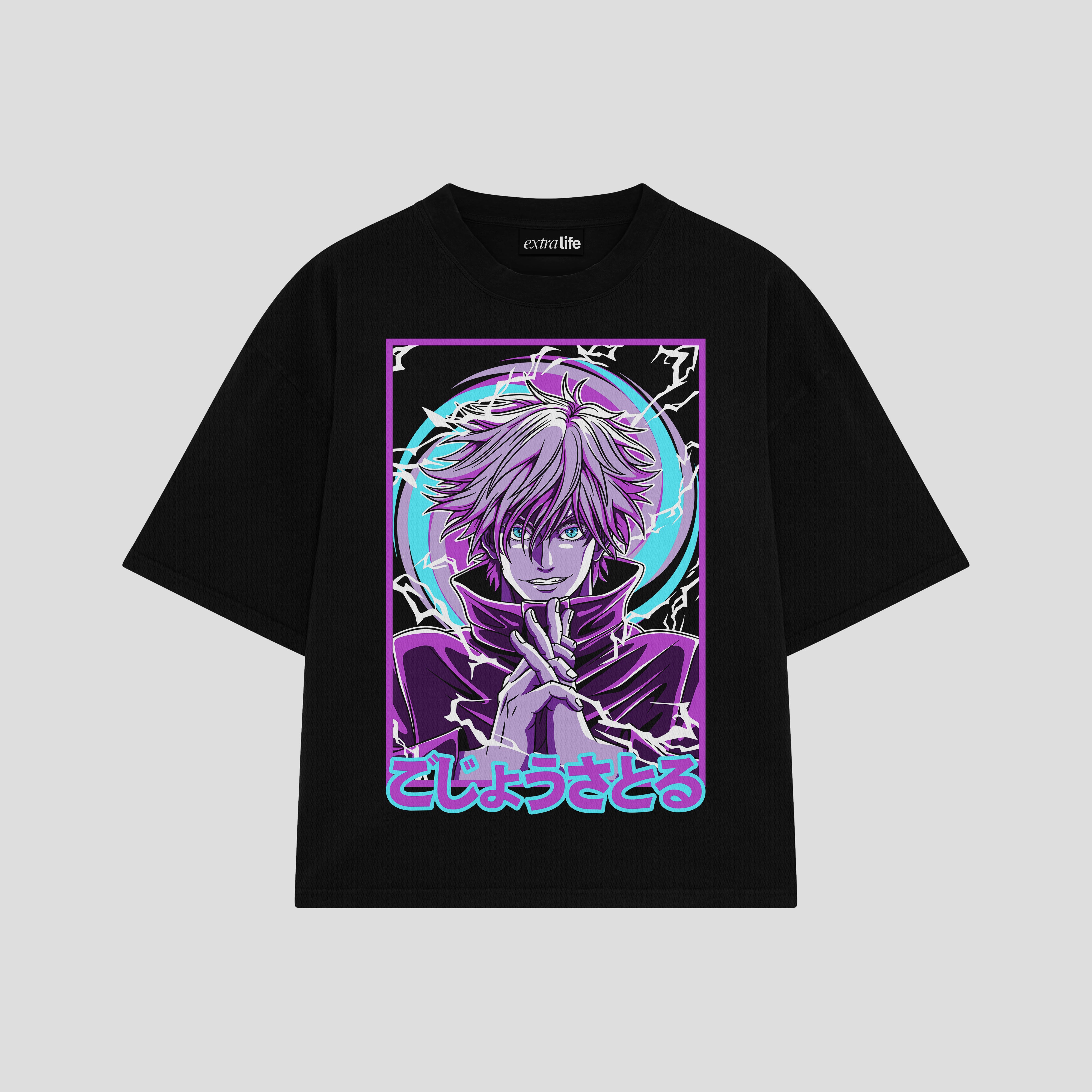 Playera streetwear premium de anime y gaming ExtraLife MX, corte boxy oversized drop shoulder heavyweight en color Deep Black y Off-White, moda urbana mexicana de culto.